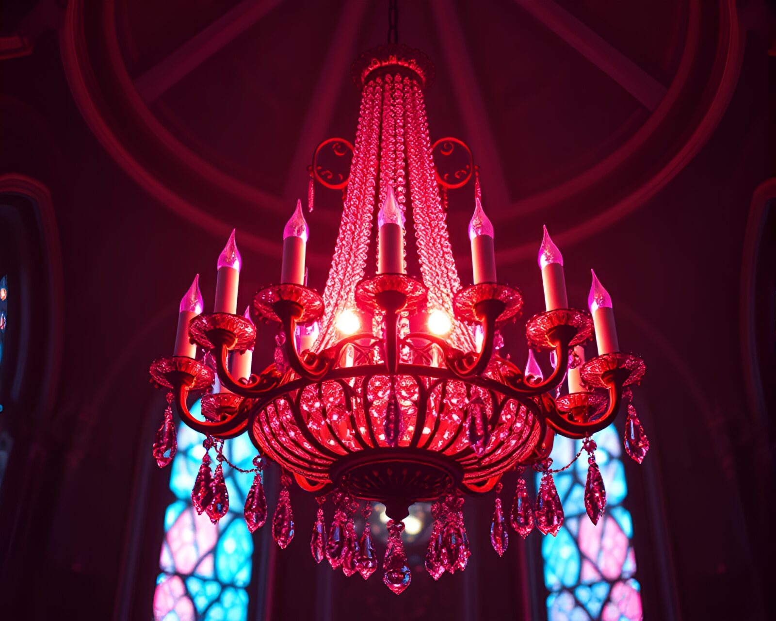Centered composition of holographic Gothic chandelier in pink sunrise light