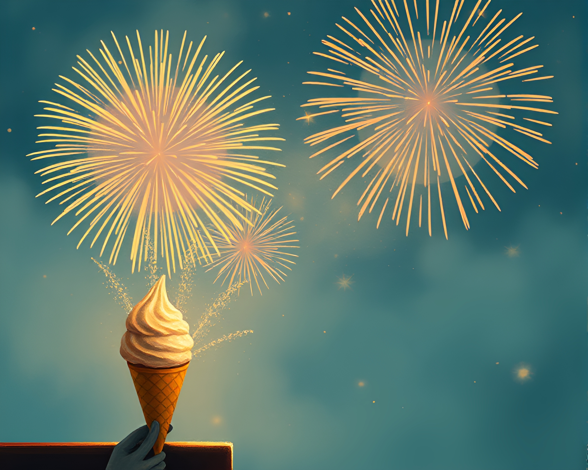 Gelato Cone Fireworks Burst in a Foggy Children’s Book Illustration – free AI stock image