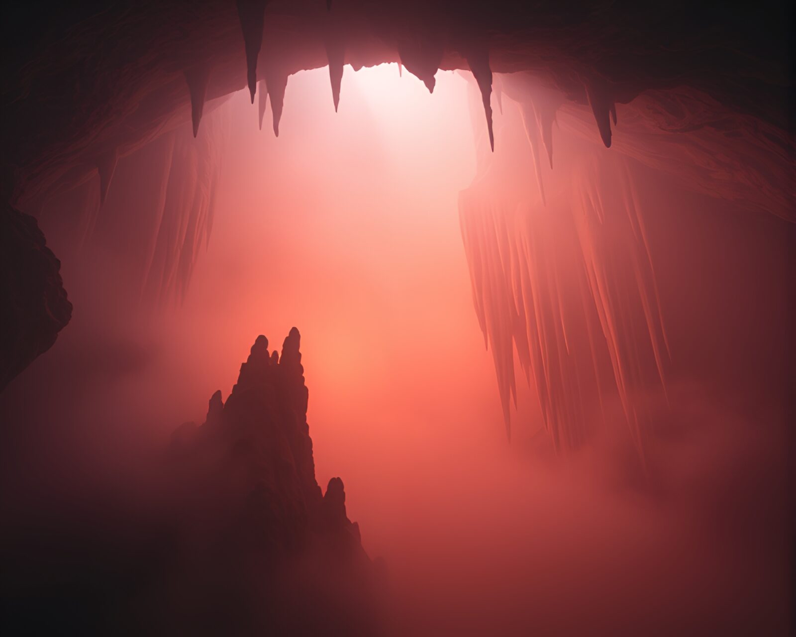 Majestic cave with glowing stalactites in peach-colored mist