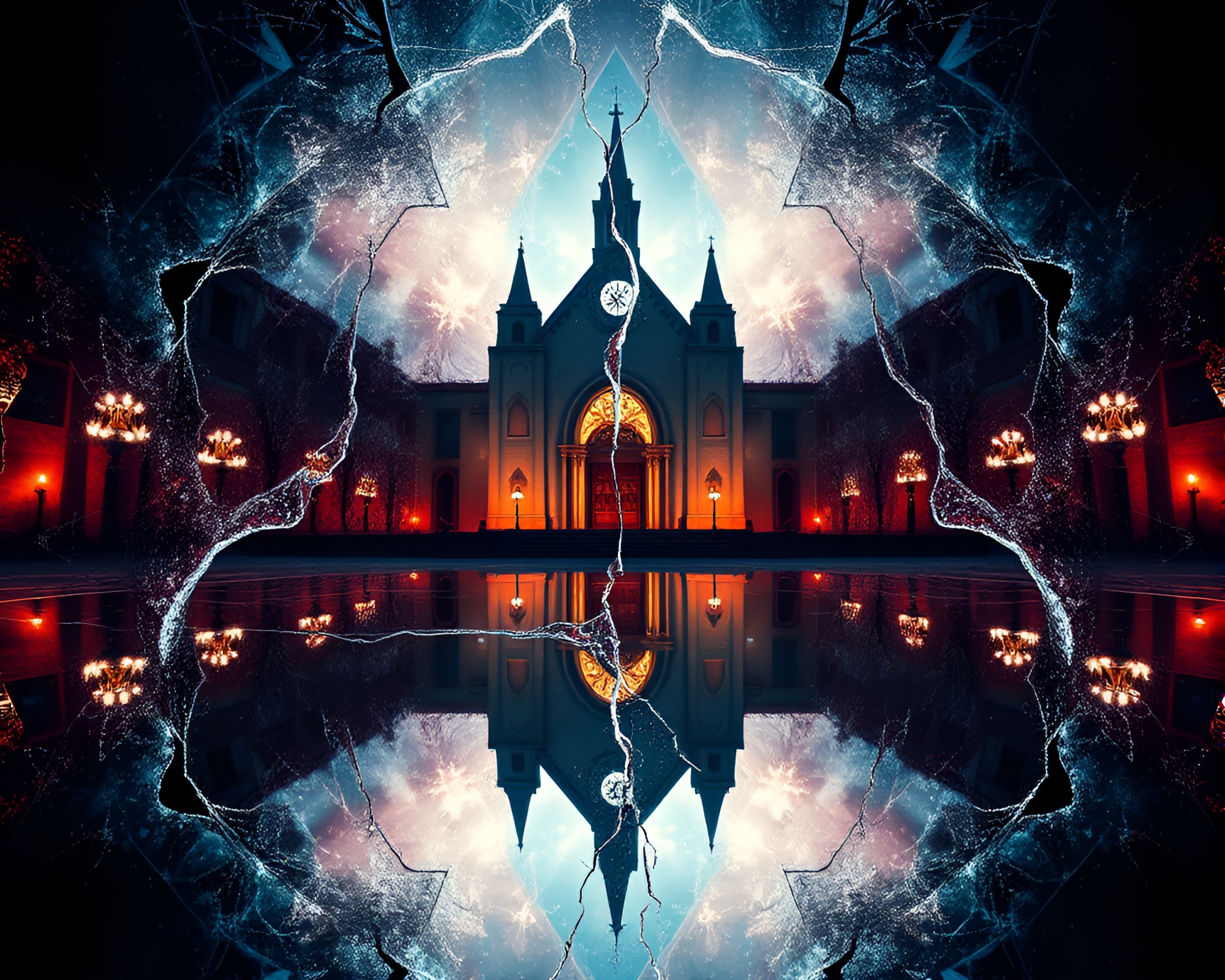 Futuristic Kaleidoscope Church Reflections – free AI stock image