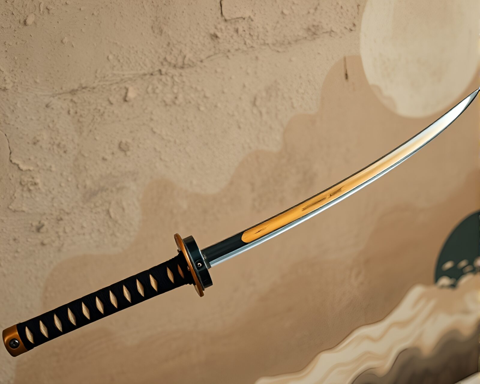 High-angle shot of a samurai wielding a sword in muted earth tones mural