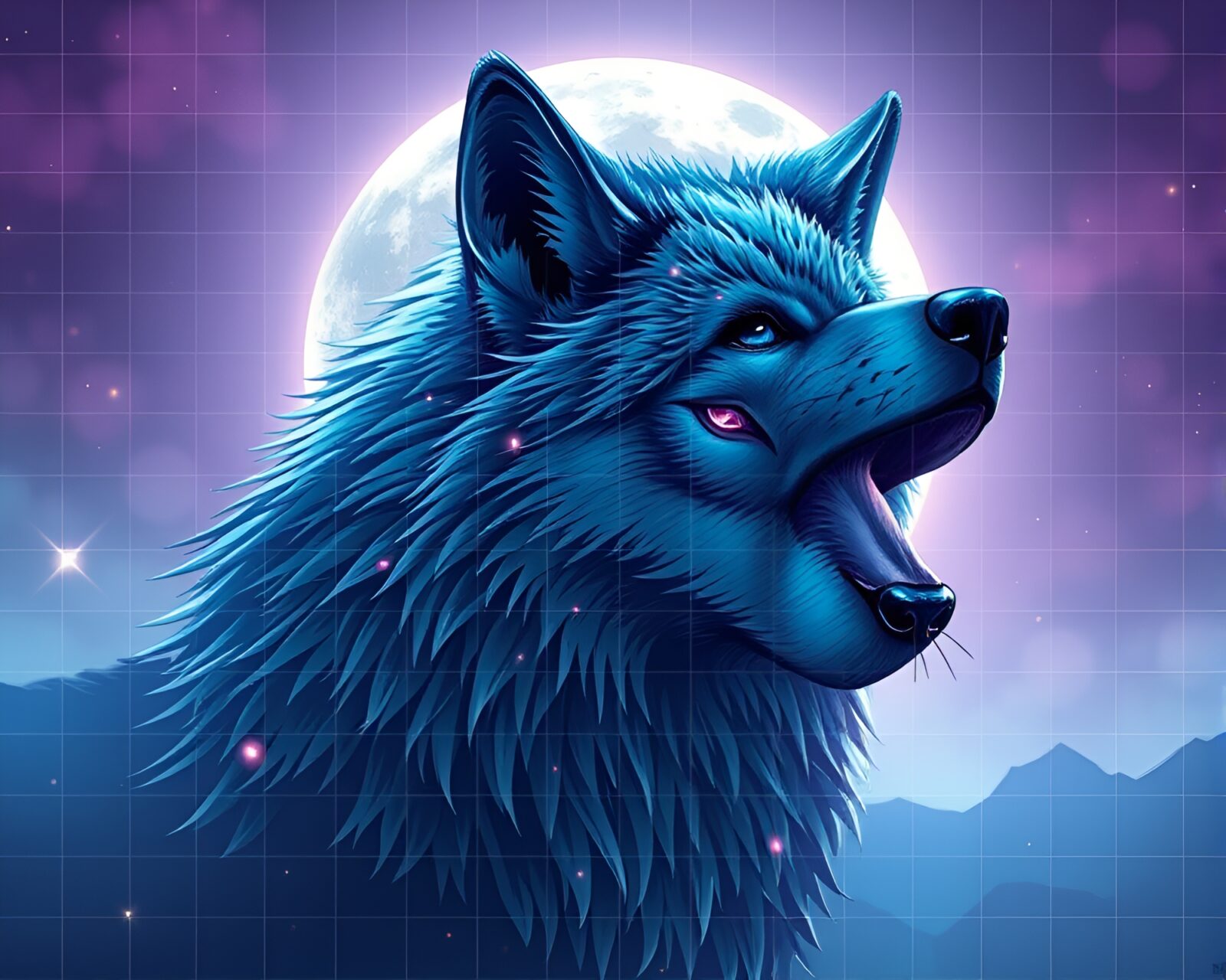 Pastel gradient lit scene of anime wolf under moonlight
