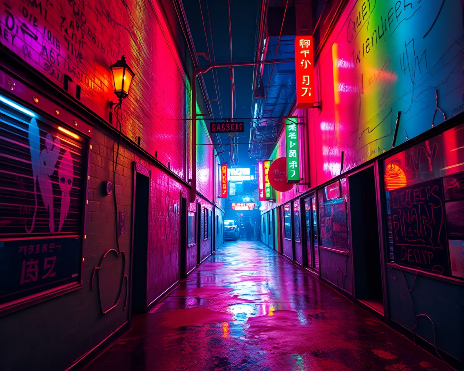 Surreal duochrome alley with vibrant oil slick rainbow colors