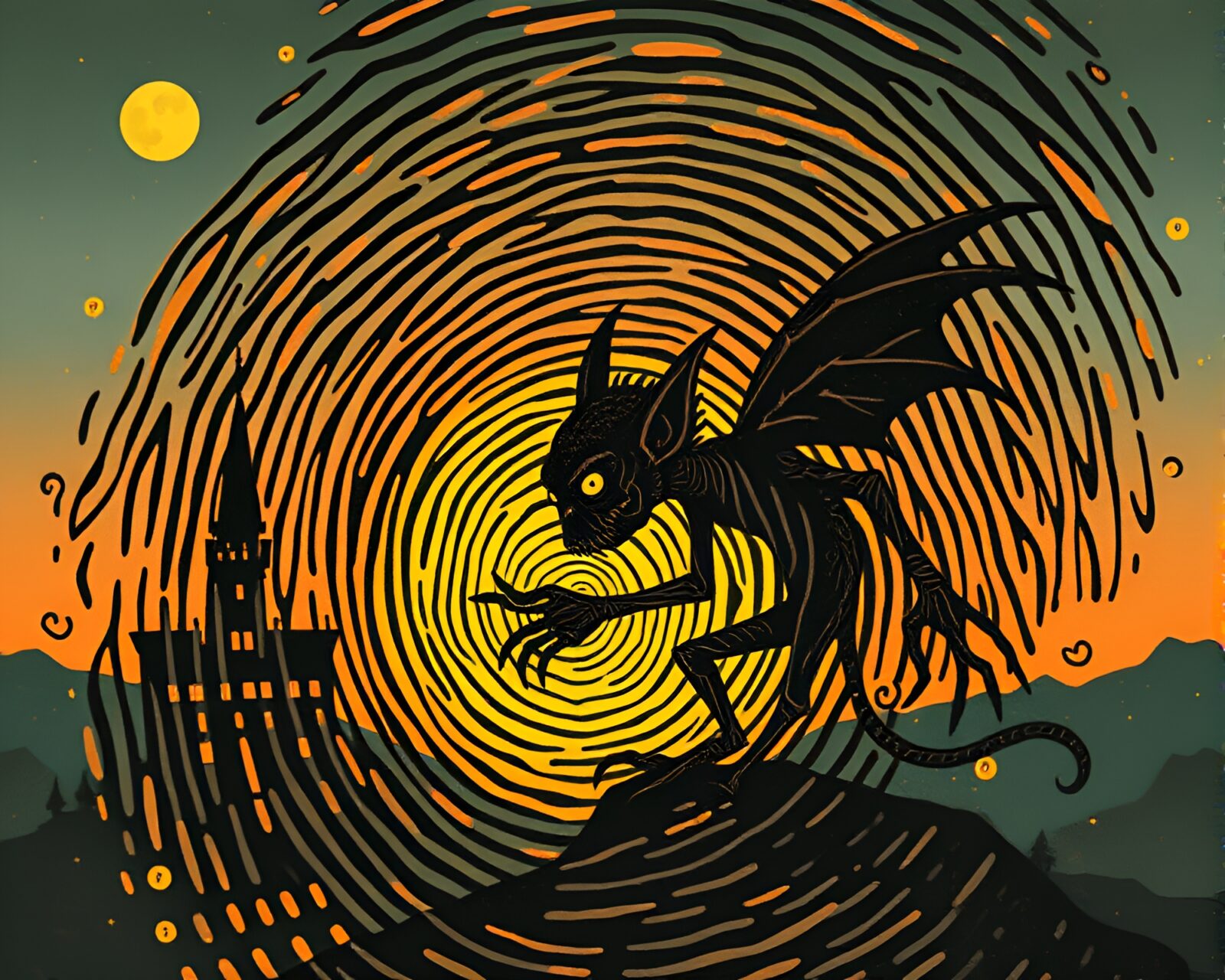 Fantastical goblin creatures intertwined in swirling fingerprint patterns
