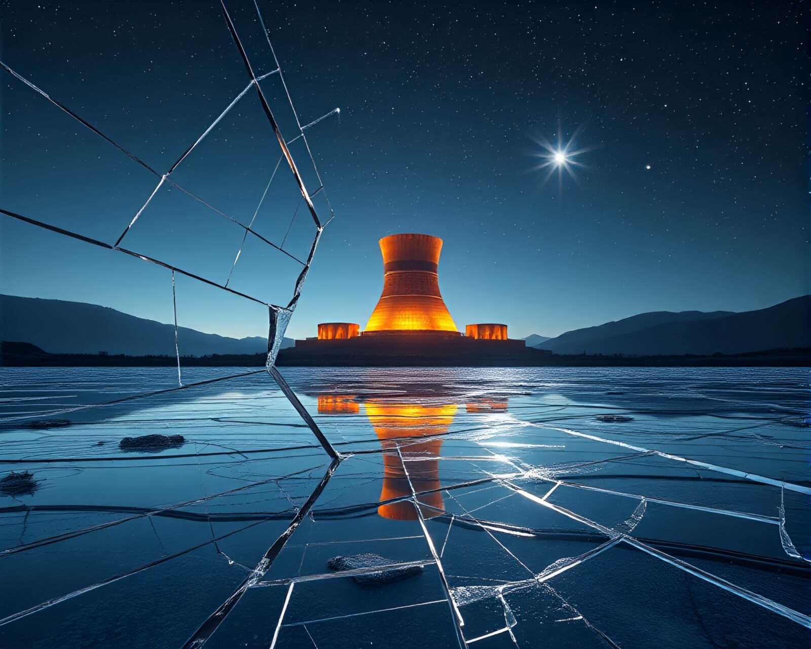 3D scan of futuristic zero-point energy reactor reflecting starlit sky on broken glass