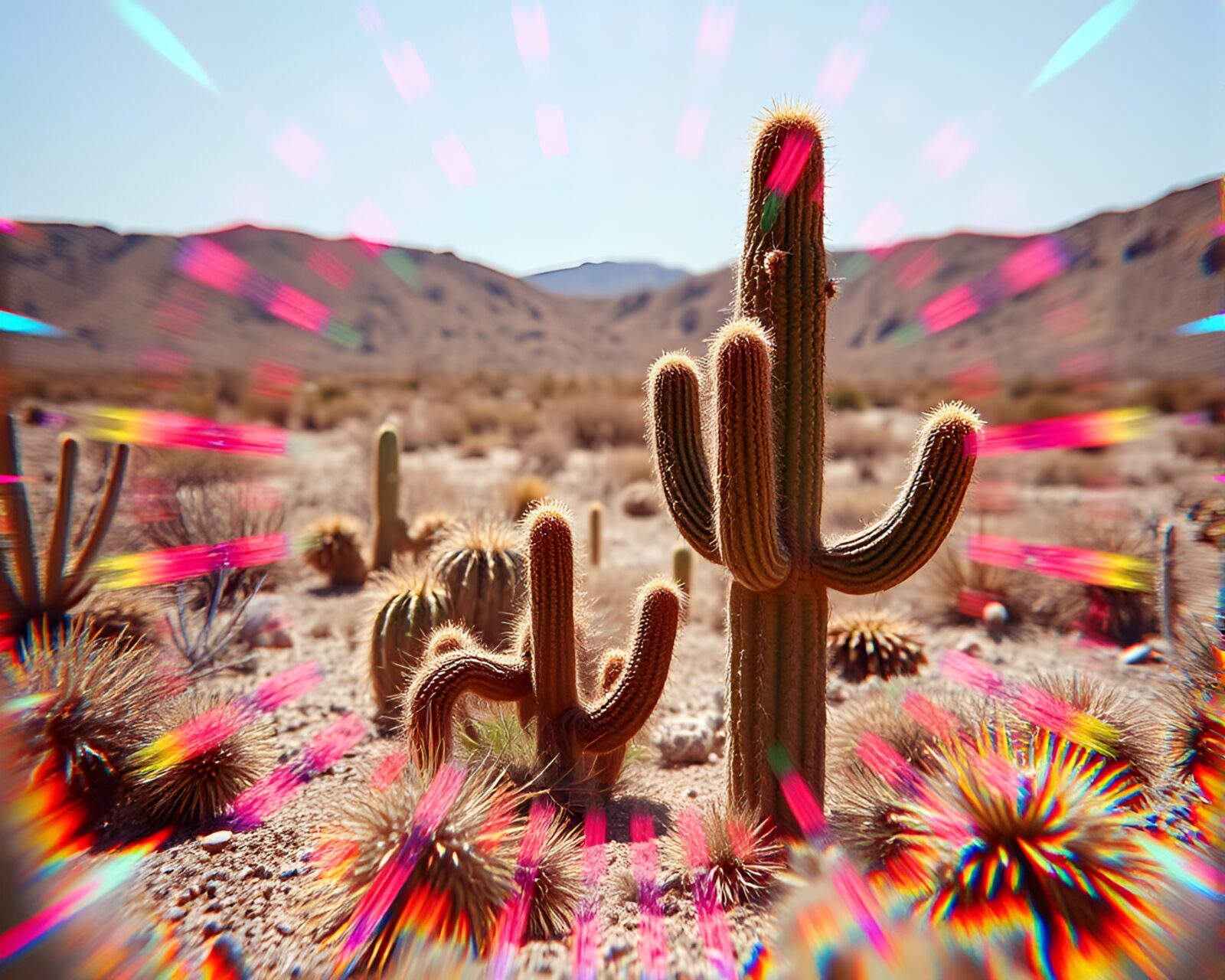 Vibrant kaleidoscope desert cactus with tenebrism lighting effect