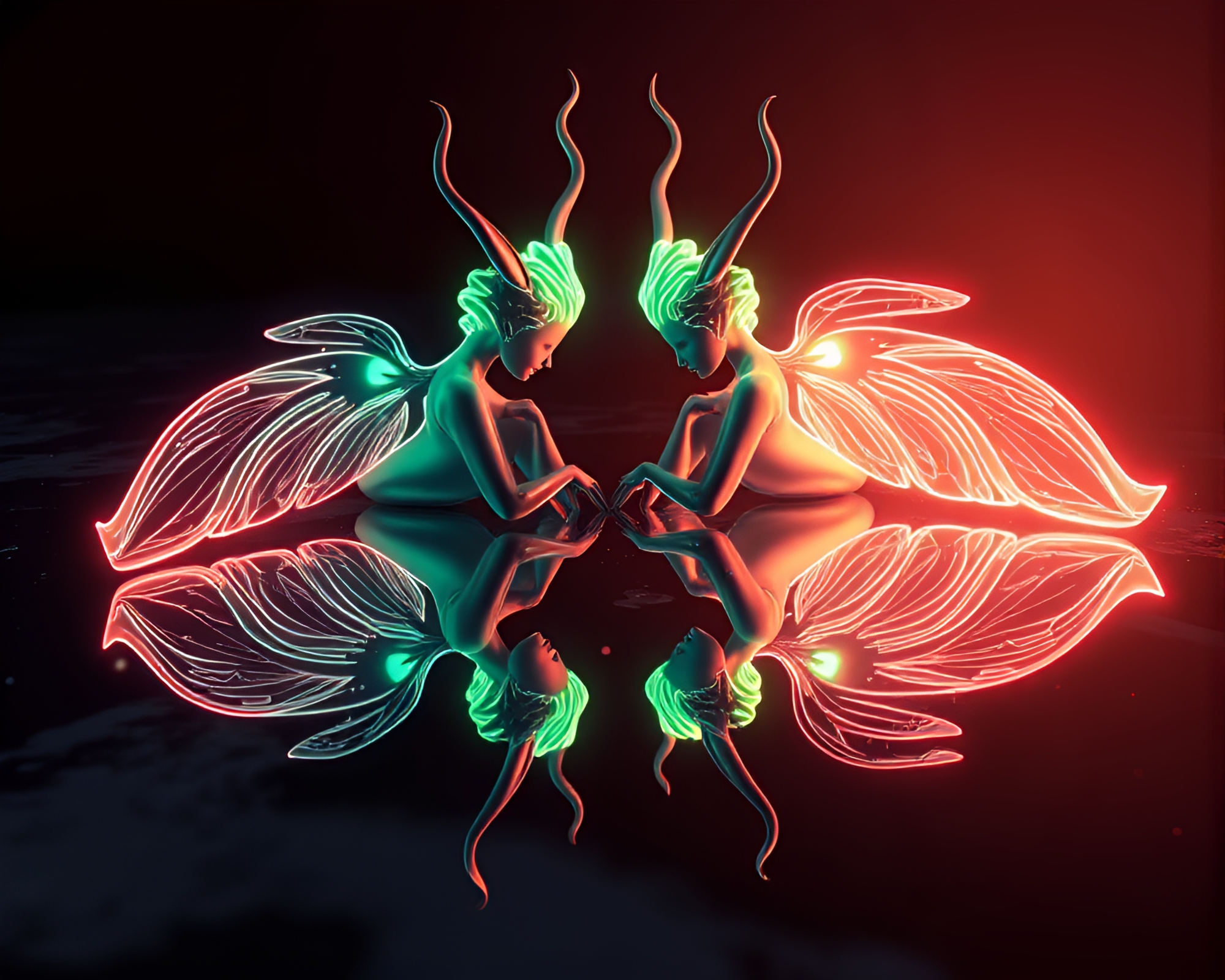 Neon Nymph Reflection: High-Poly Symmetry – free AI stock image