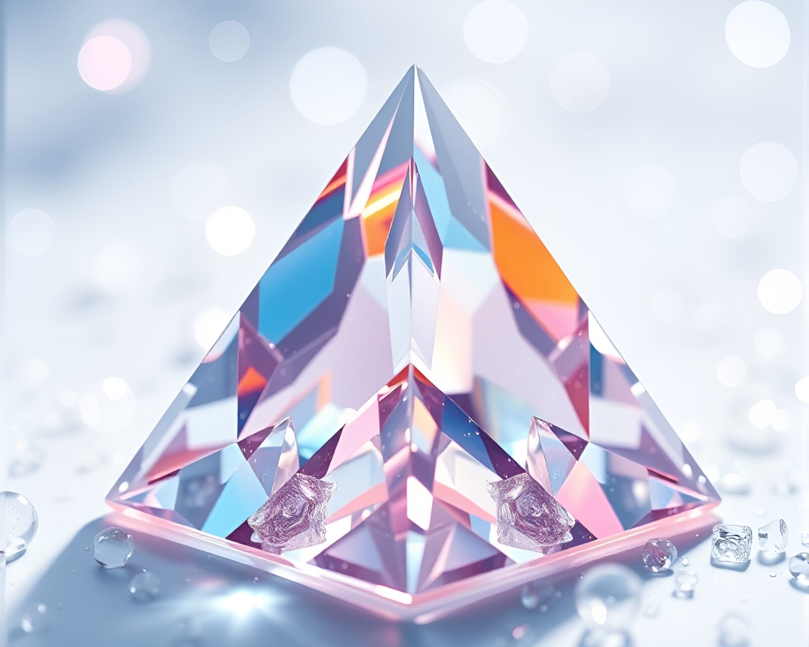 Abstract topaz-lit glass structure amidst origami particles