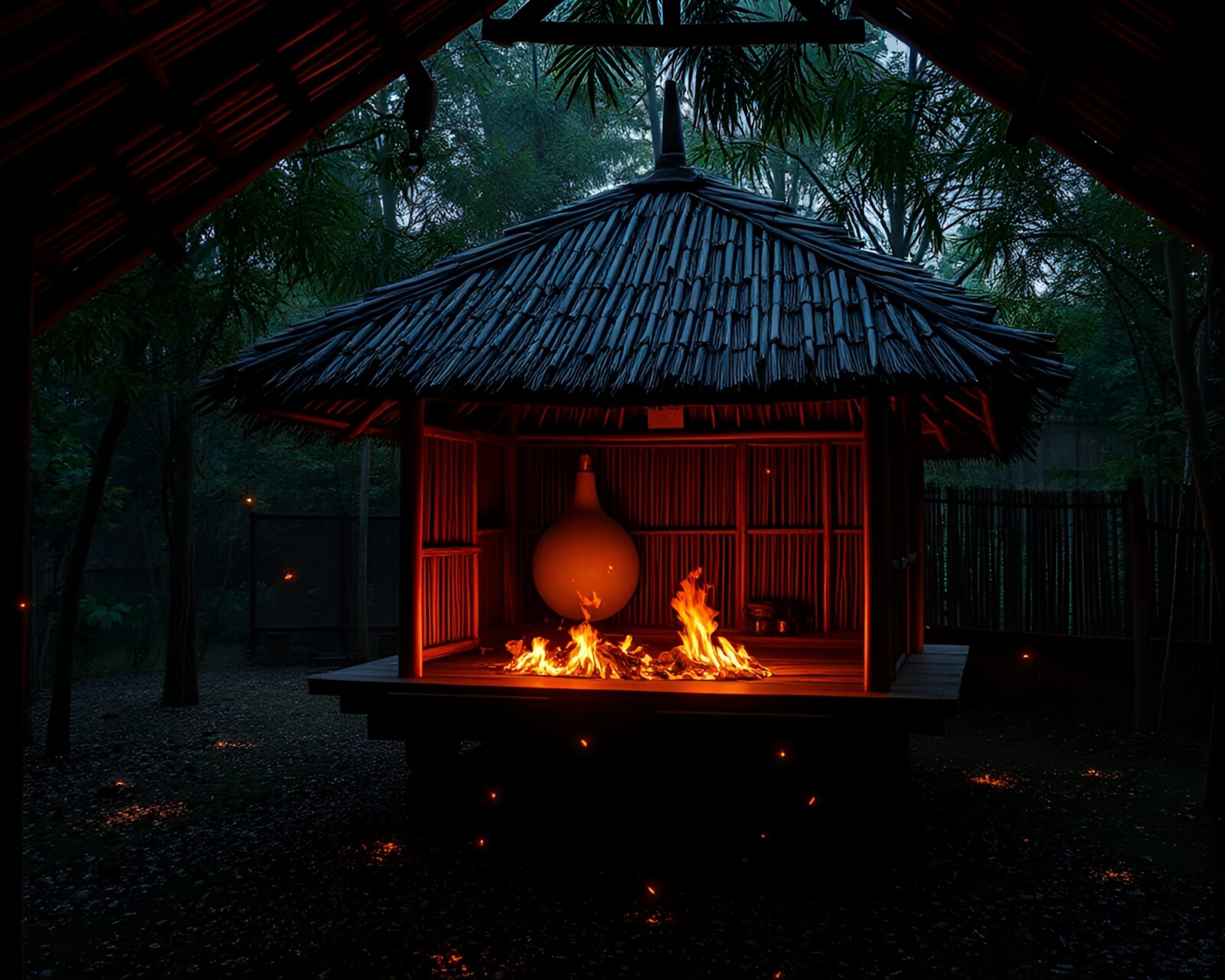 Dark attic glow illuminating bamboo hut with floating embers