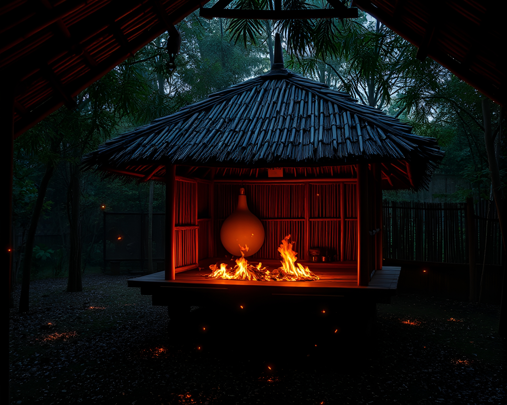 Bamboo Hut Floating Embers HDR Photography – free AI stock image