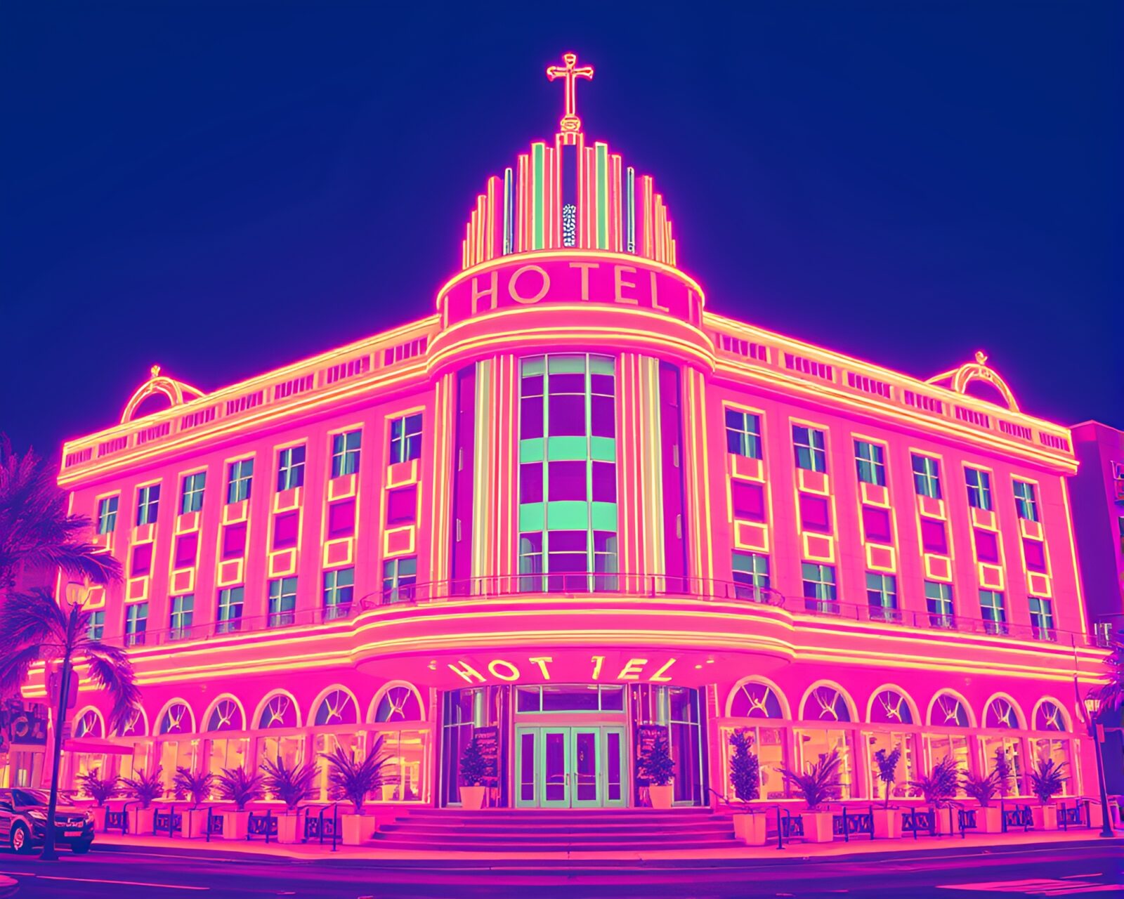 Hyper-saturated tight crop of detailed Art Deco hotel interior