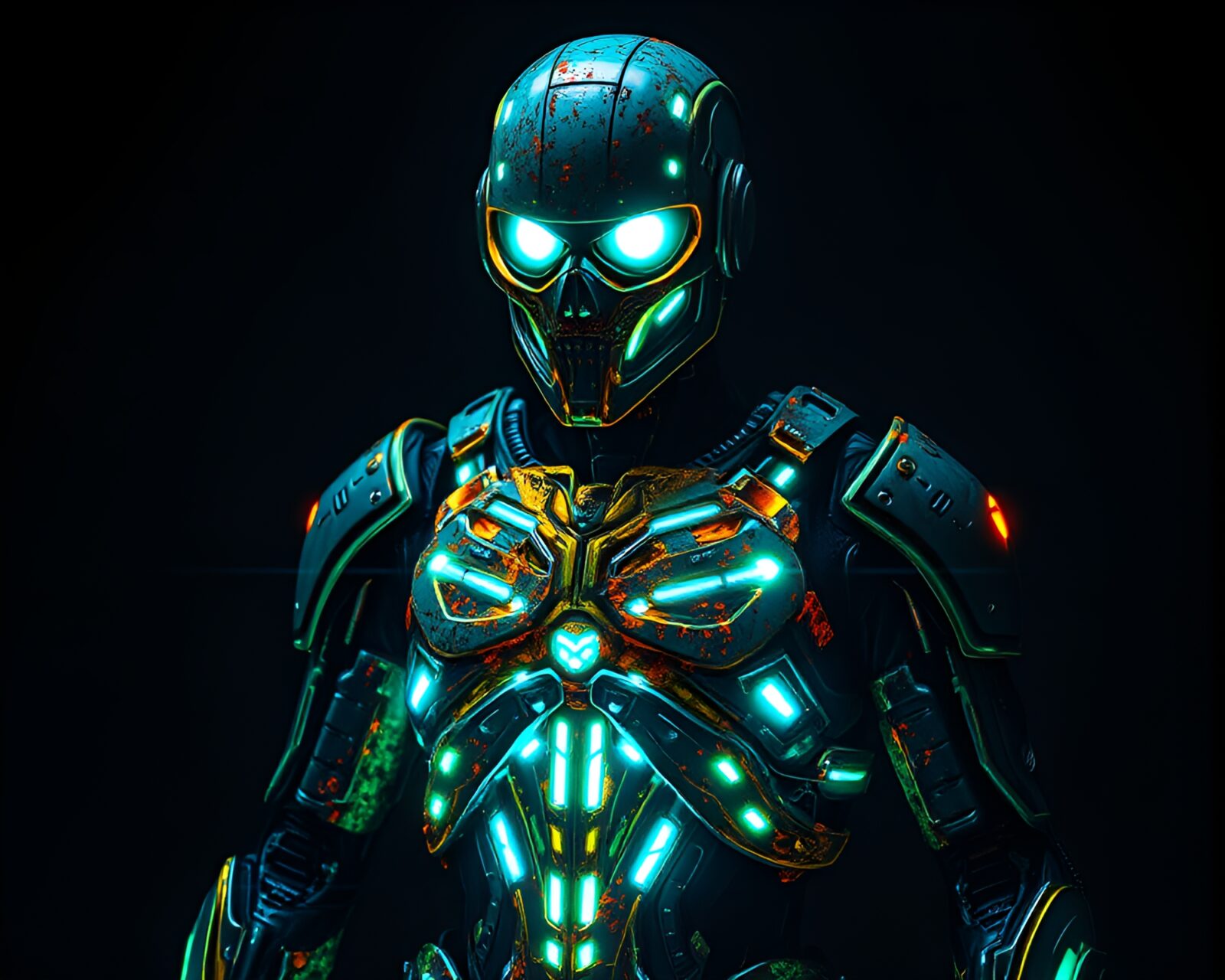 Ethereal exoskeleton suit glowing in fractal patterns on rusty background
