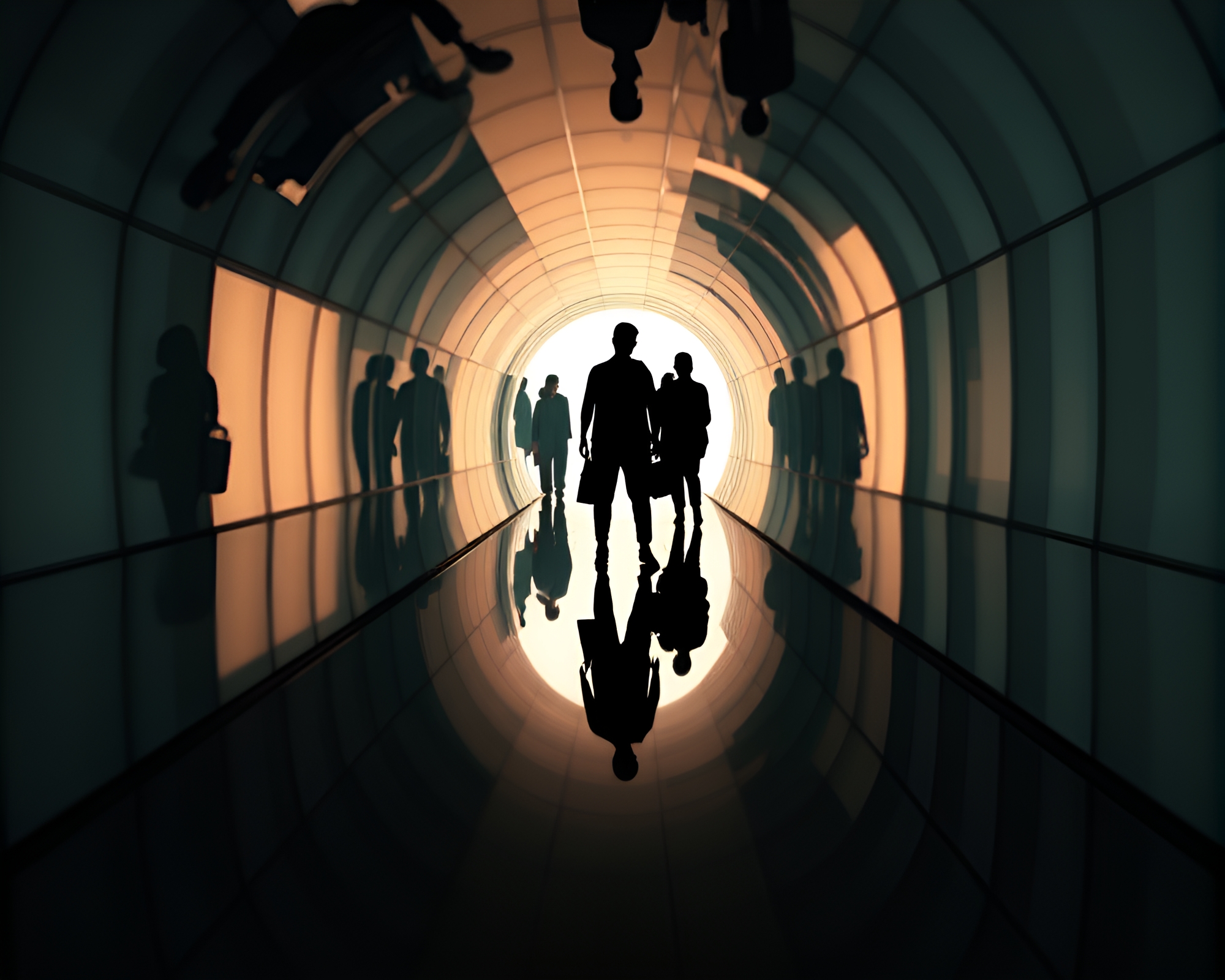 Glass Tunnel Reflection Silhouette in VHS Distortion – free AI stock image