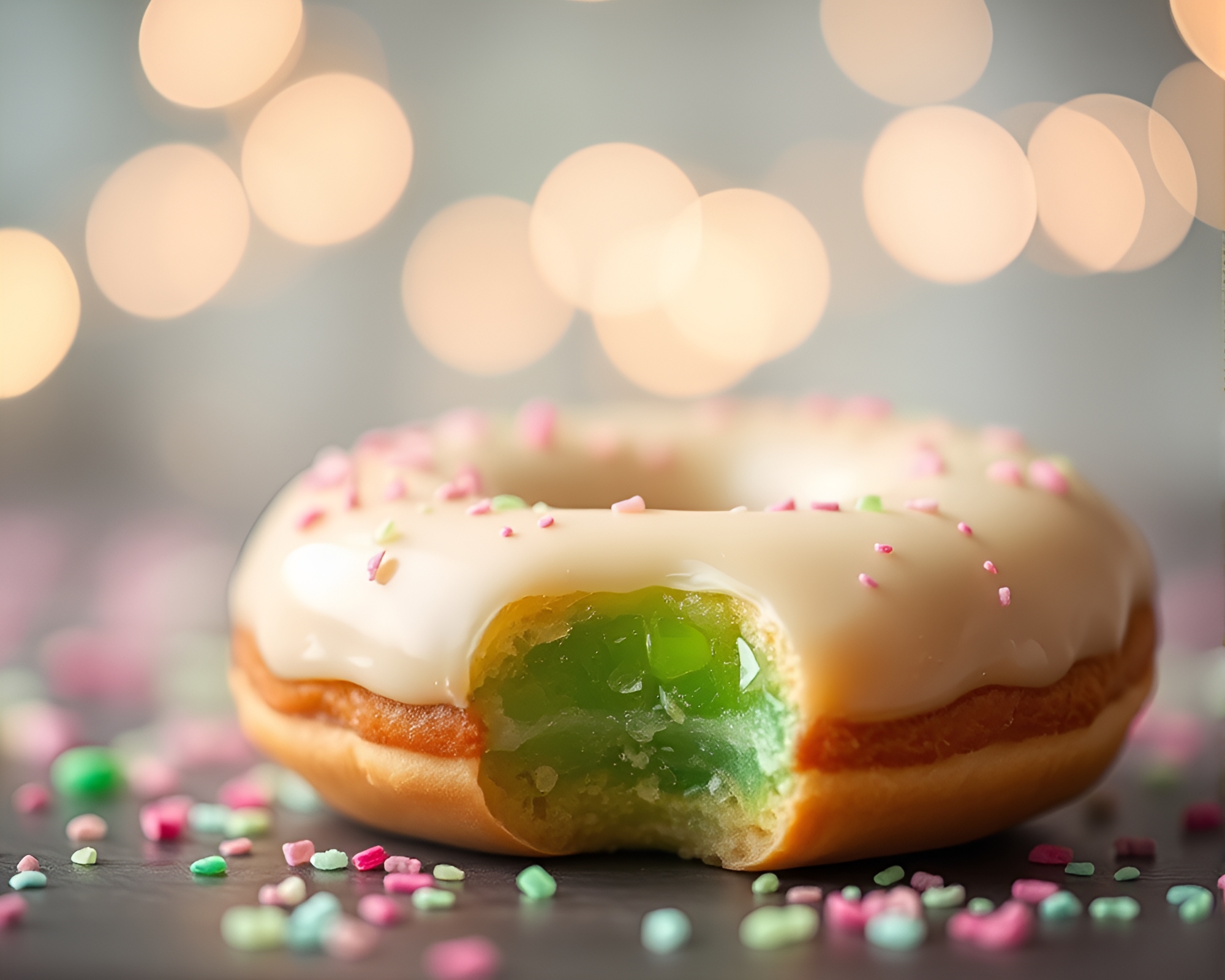 Mint Green Jelly-Filled Doughnut Bokeh Composition – free AI stock image