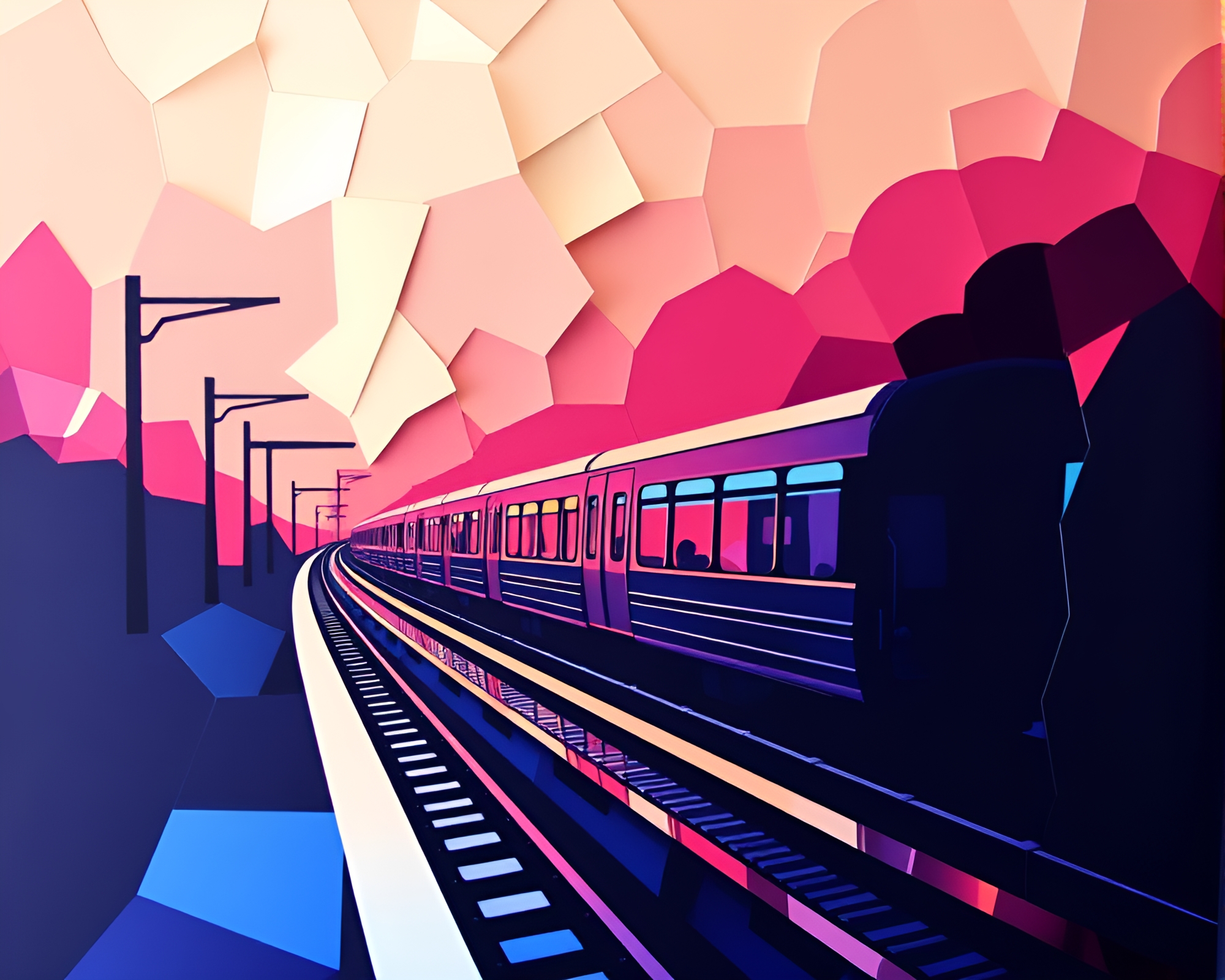 Monorail Reflection in Shattered Mirror: Jewel Tones – free AI stock image