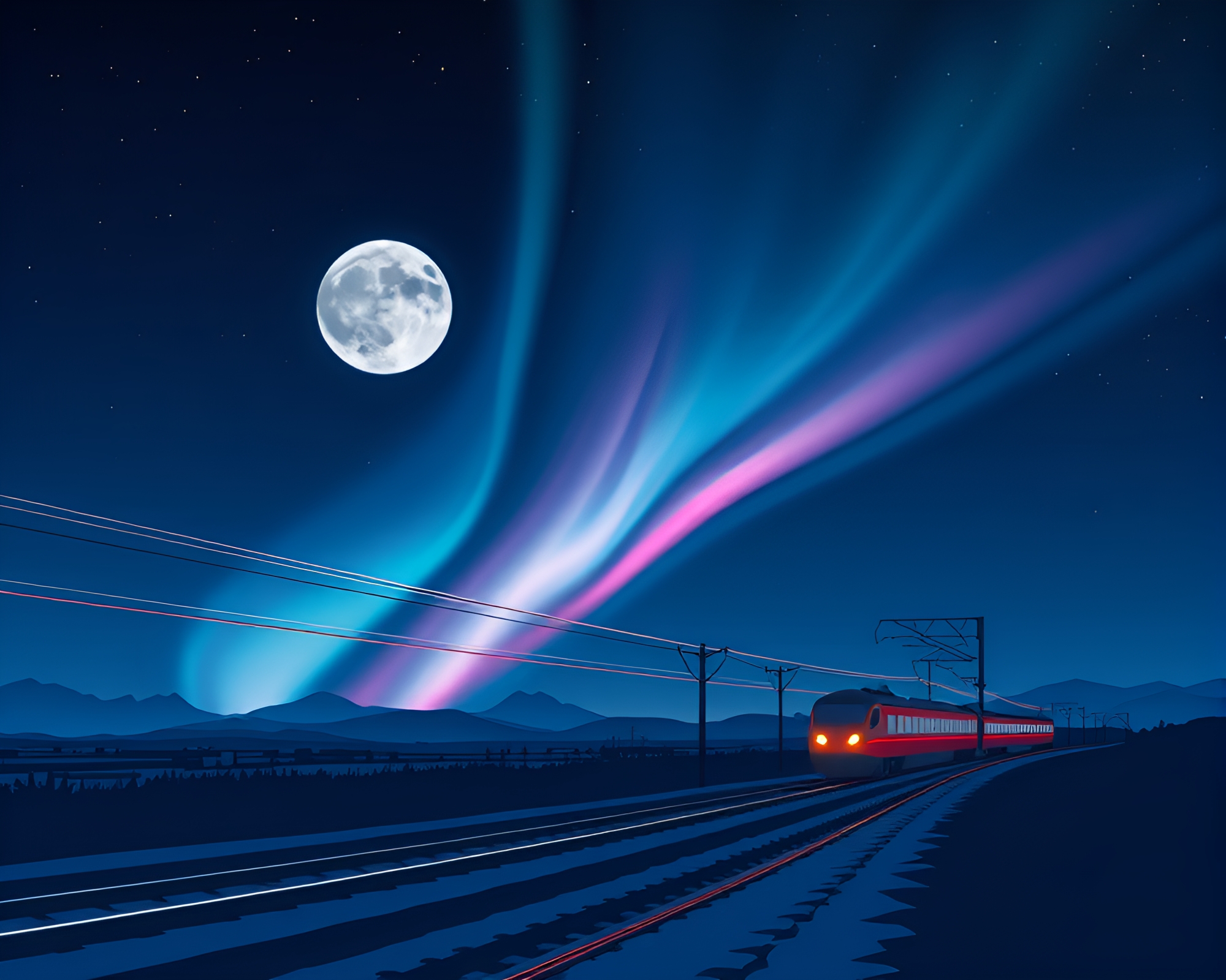Moonlit Aurora: Train Light Trails Through Northern Lights – free AI stock image