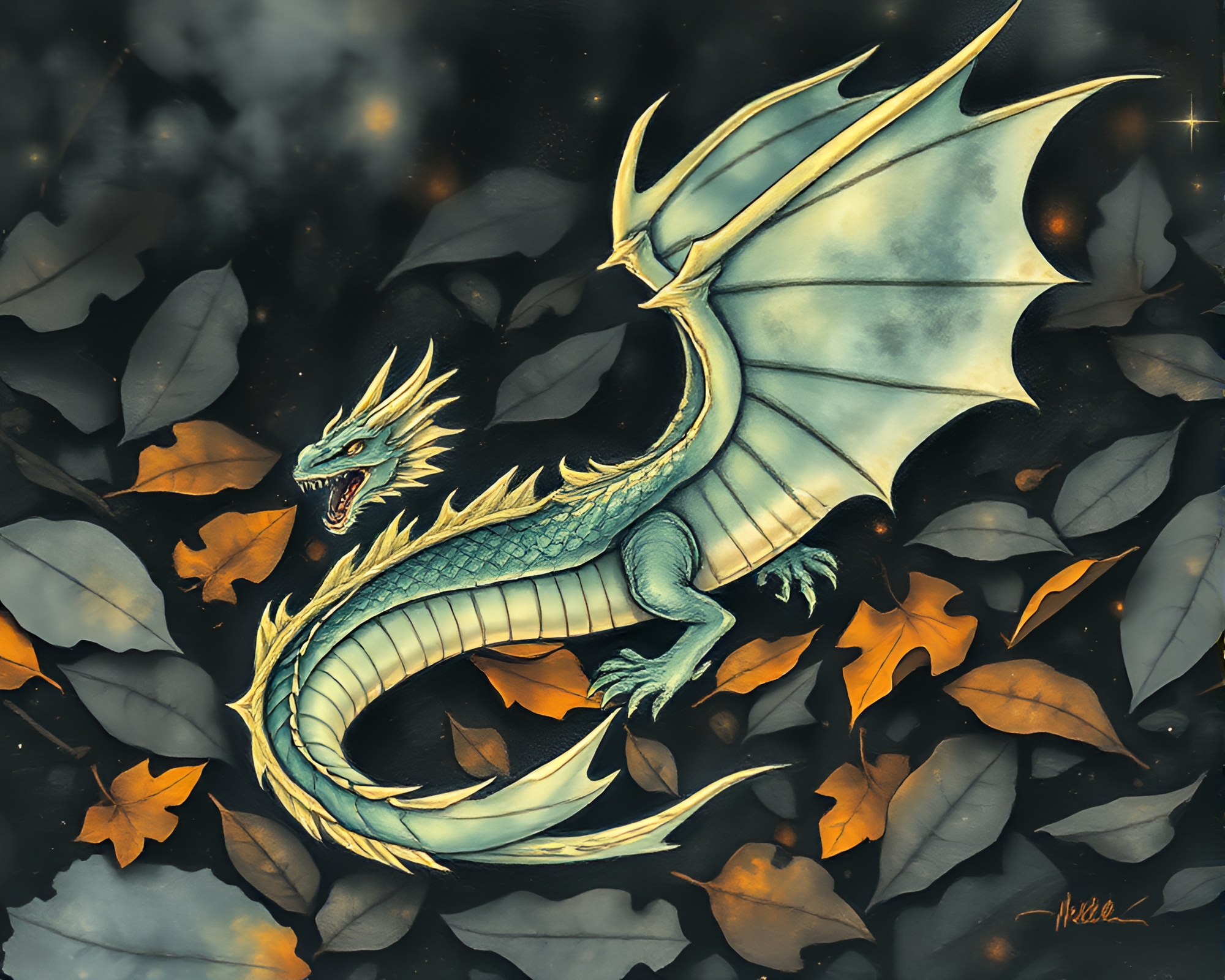 Mystical Celestial Dragon Amongst Leaf Litter Scene – free AI stock image