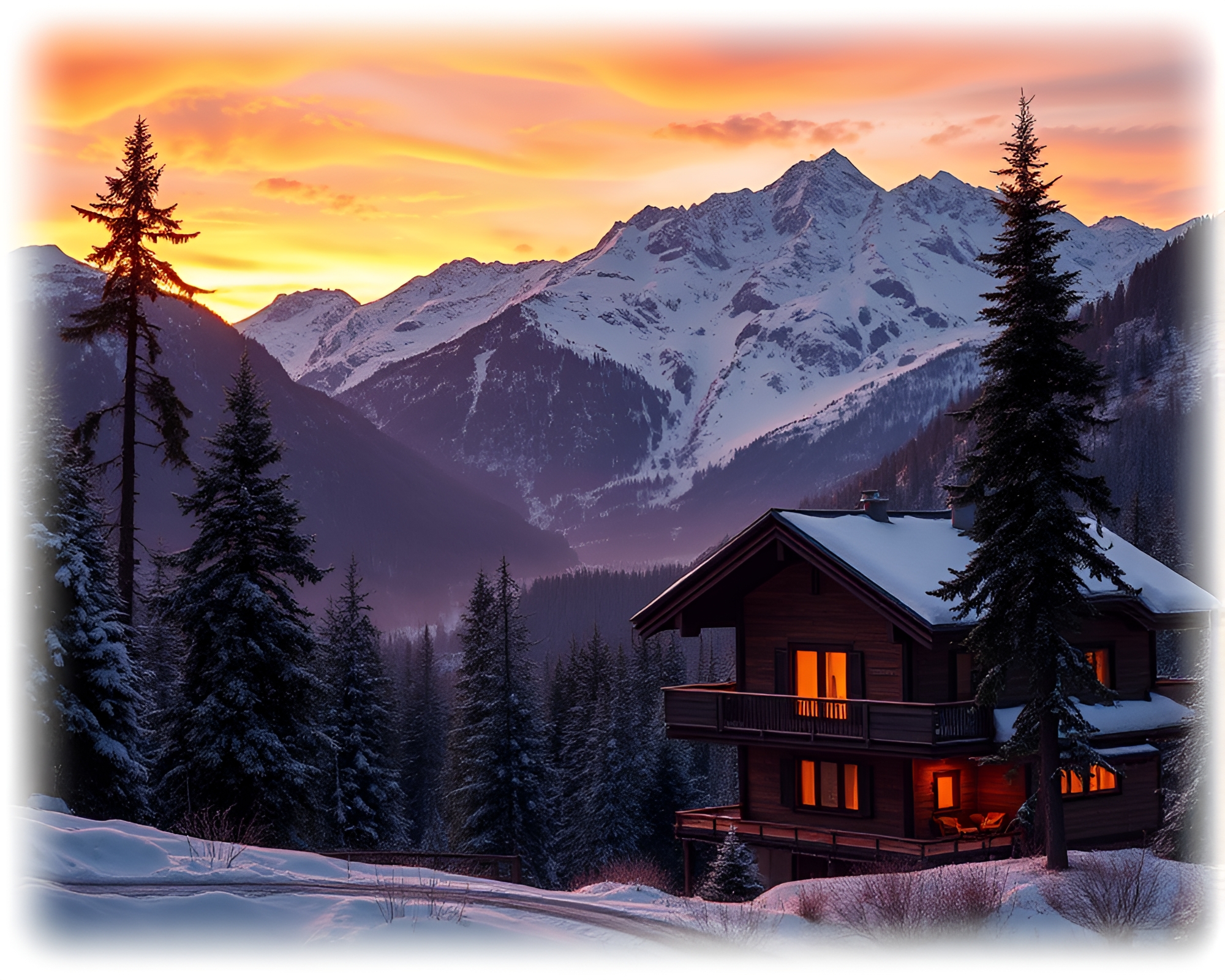 Alpine Chalet at Warm Sunset: Photorealistic Vignette – free AI stock image