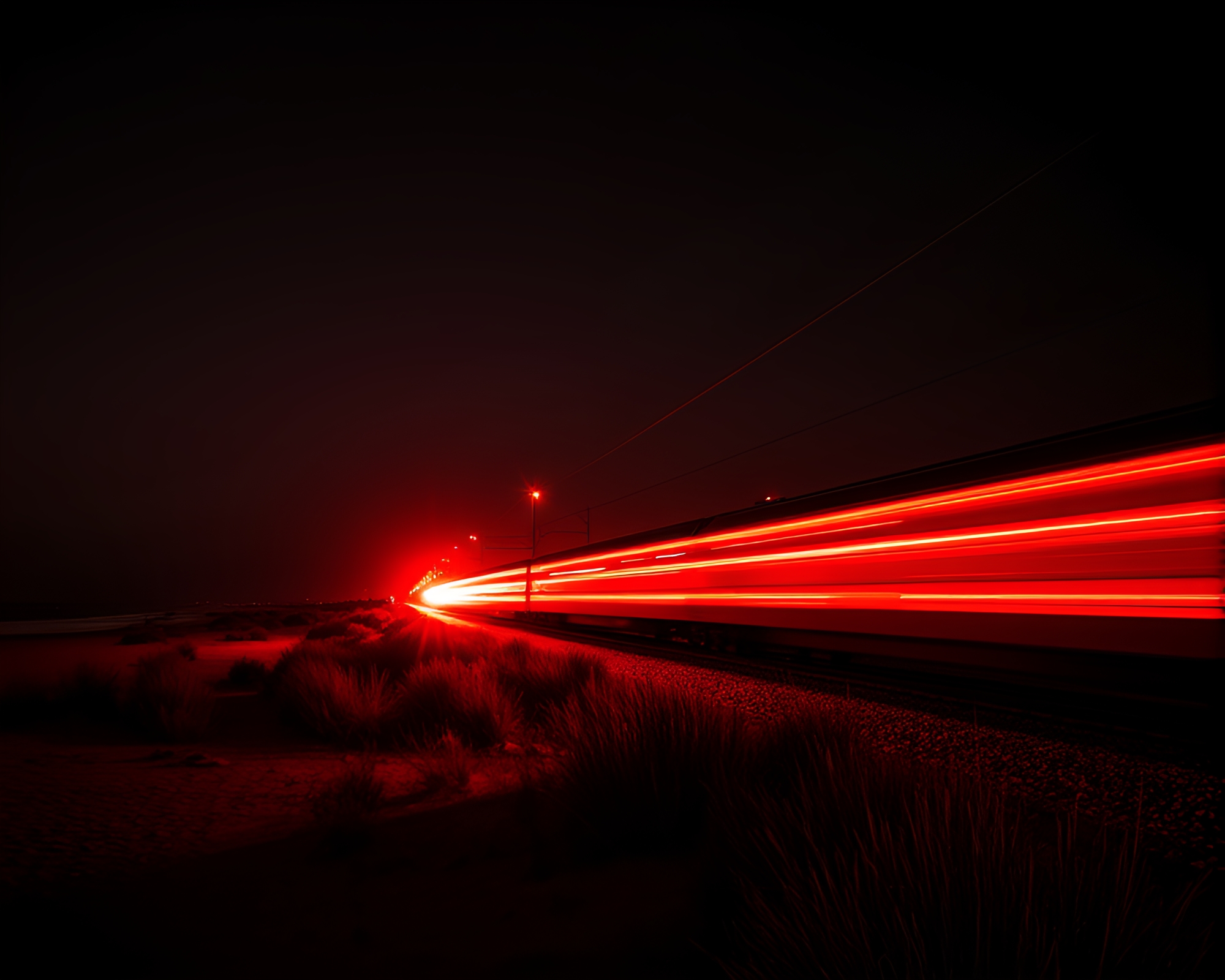 Summer Beach Train Light Trails in Monochrome Red – free AI stock image