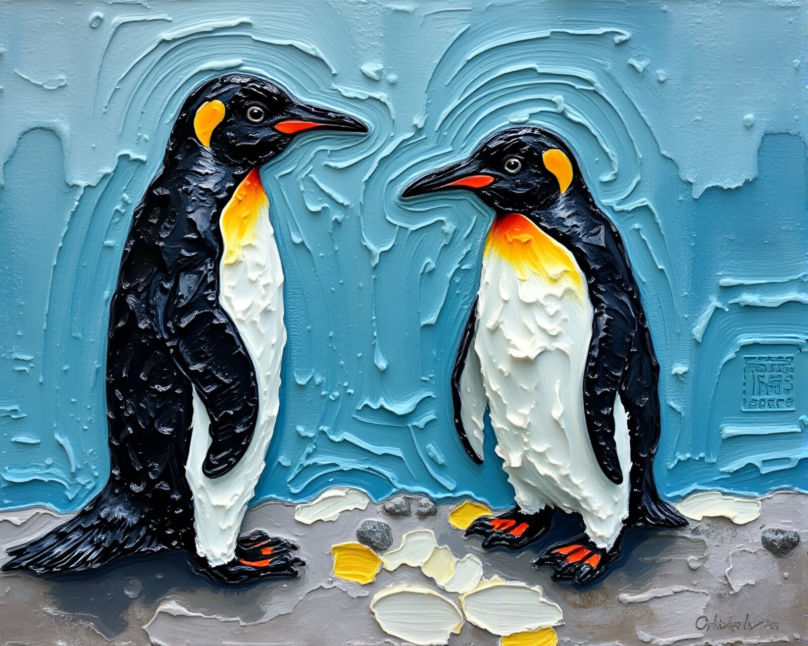 Textured oil paint penguins waddling on glossy impasto sea