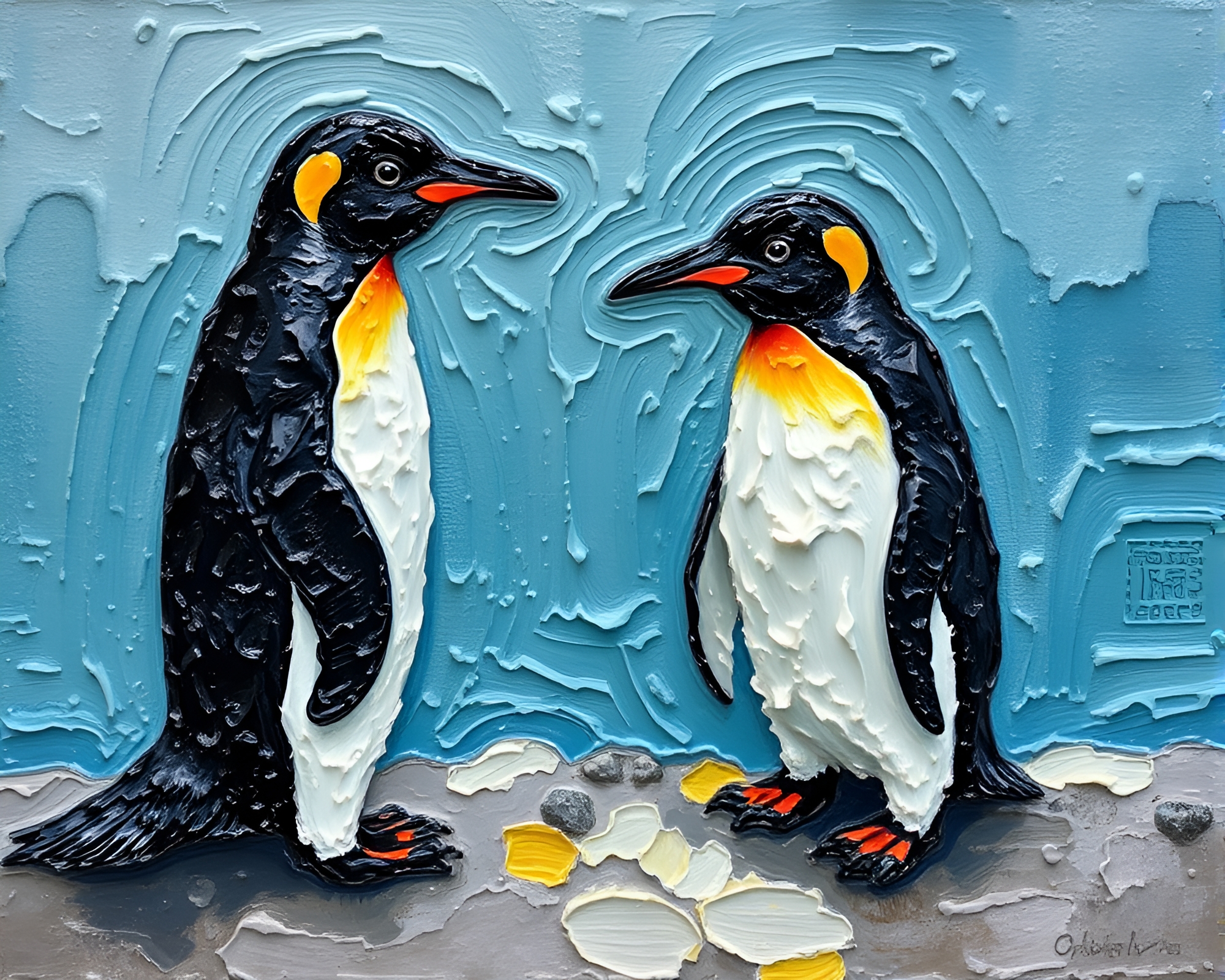 Penguin Parade Through Impasto Ocean Waves – free AI stock image