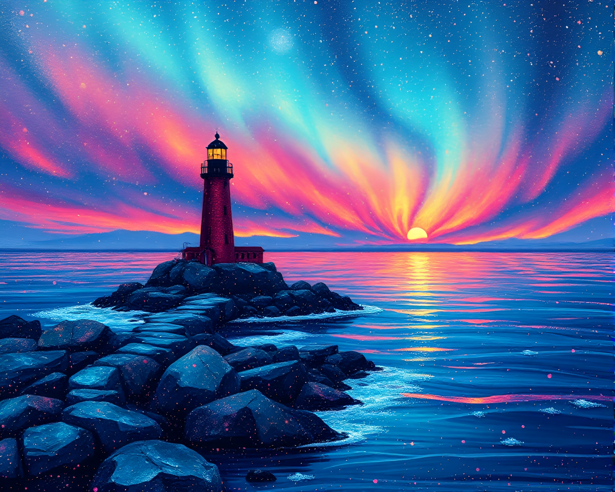 Lighthouse Illuminated by Aurora Acrylic Spatters – free AI stock image