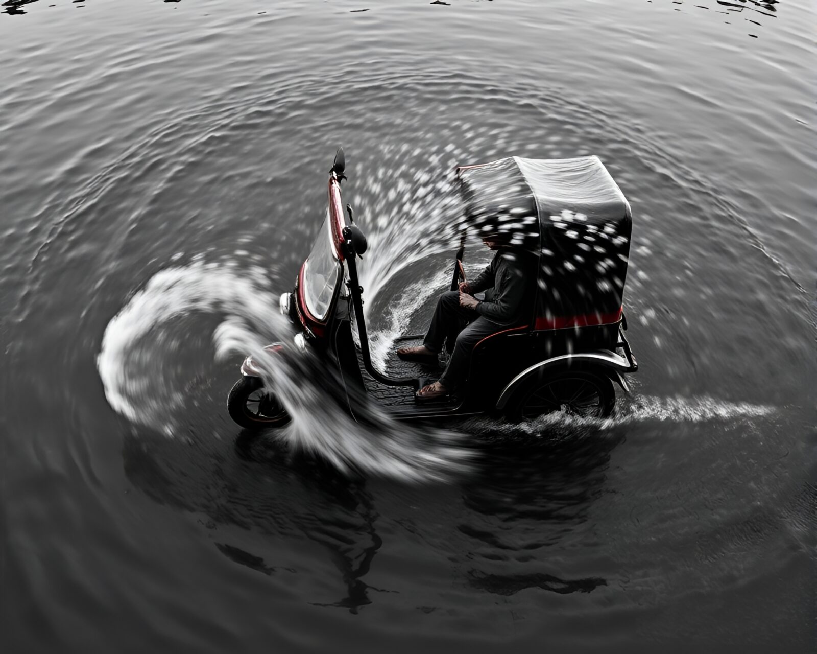 Eerie path traced art of a red rickshaw in a water vortex