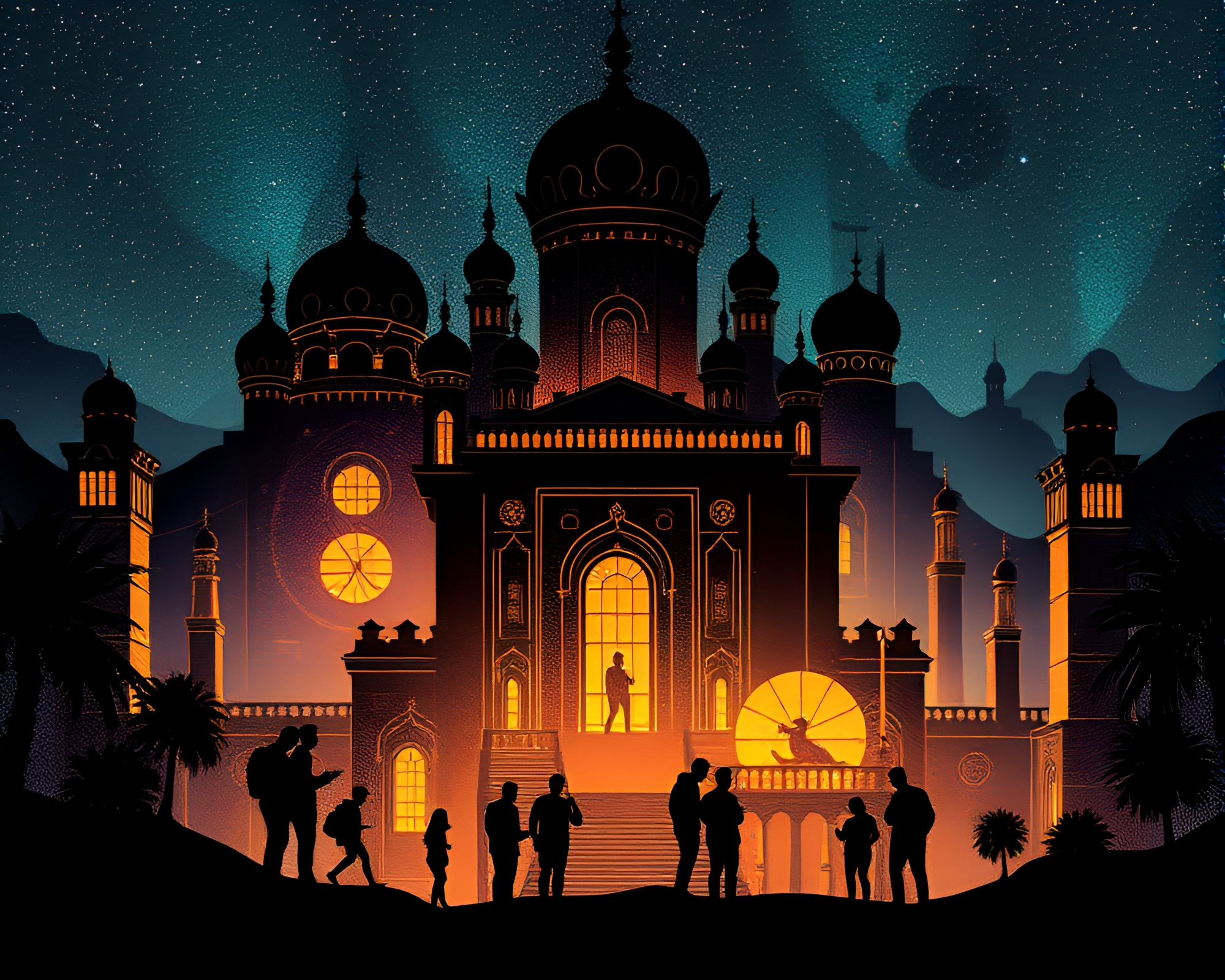 Mindful Etchings: Iridescent Silhouette in a Dreamy Palace – free AI stock image