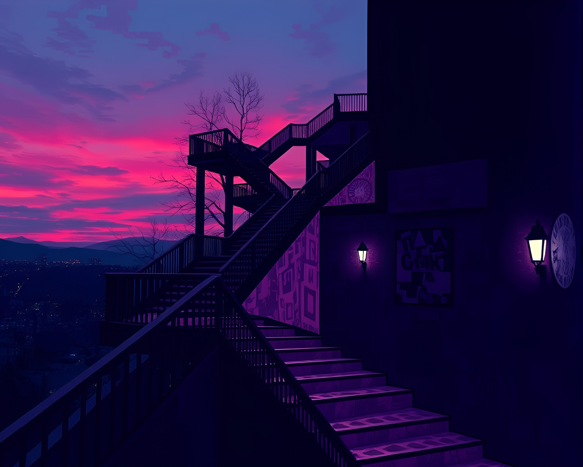 Dusky Duochrome Escher Staircase Pixelation – free AI stock image