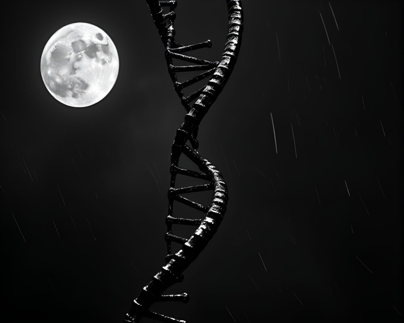 Abstract DNA helix surrounded by metallic scratches under lunar light