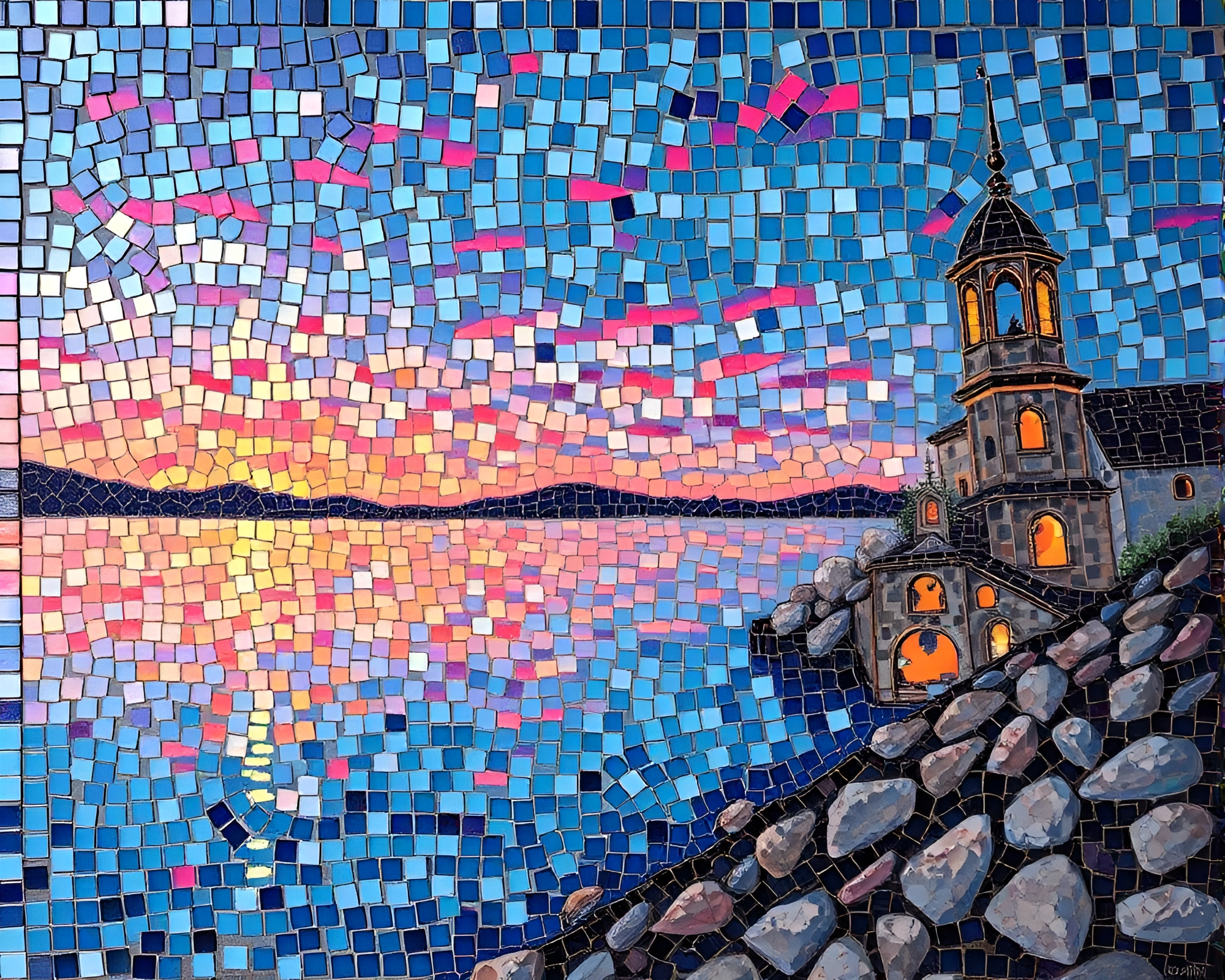 Hydra Twilight Mosaic Tiling Palette Knife Painting – free AI stock image