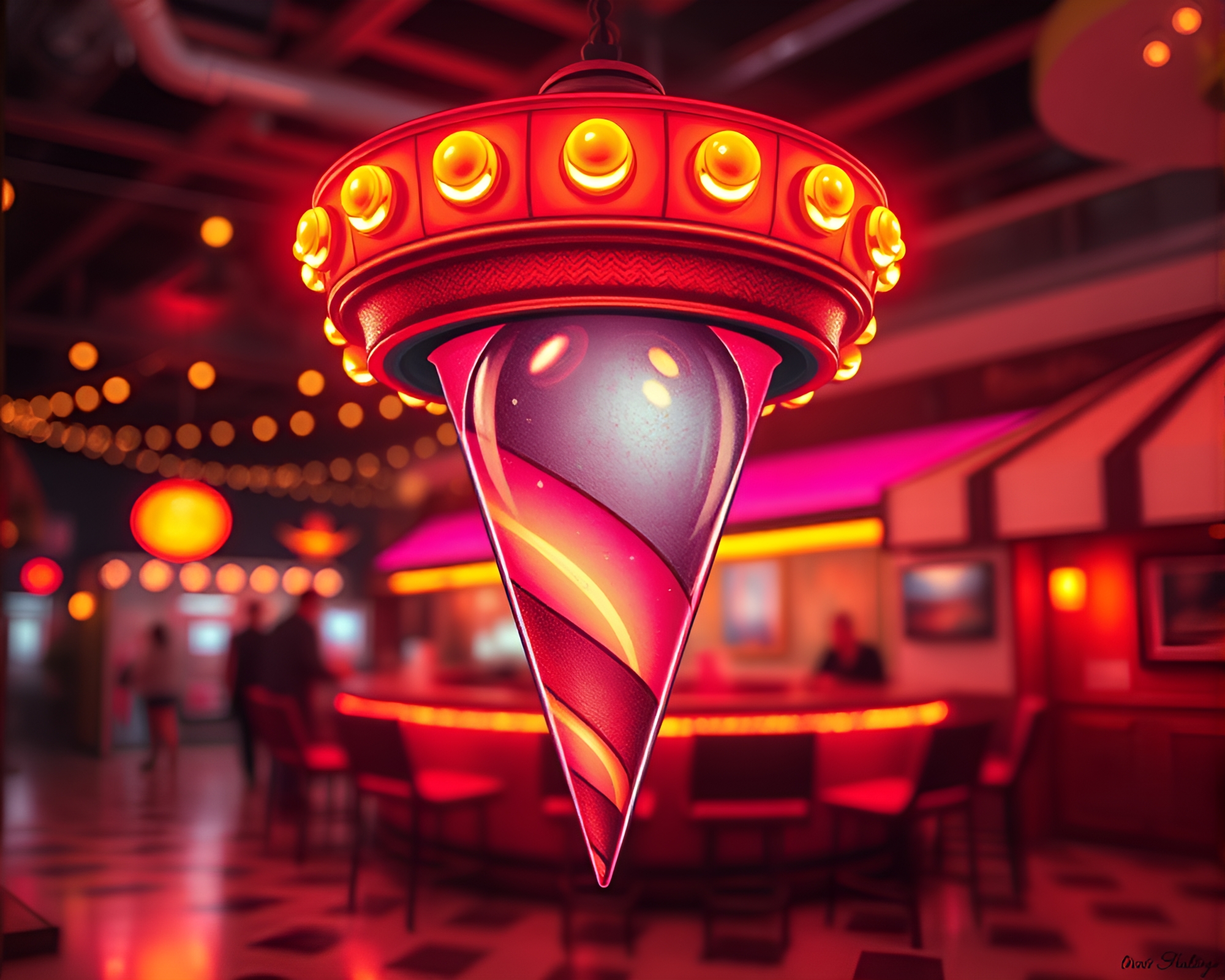 Lens-distorted gelato cone illuminated by opera-house glow – free AI stock image