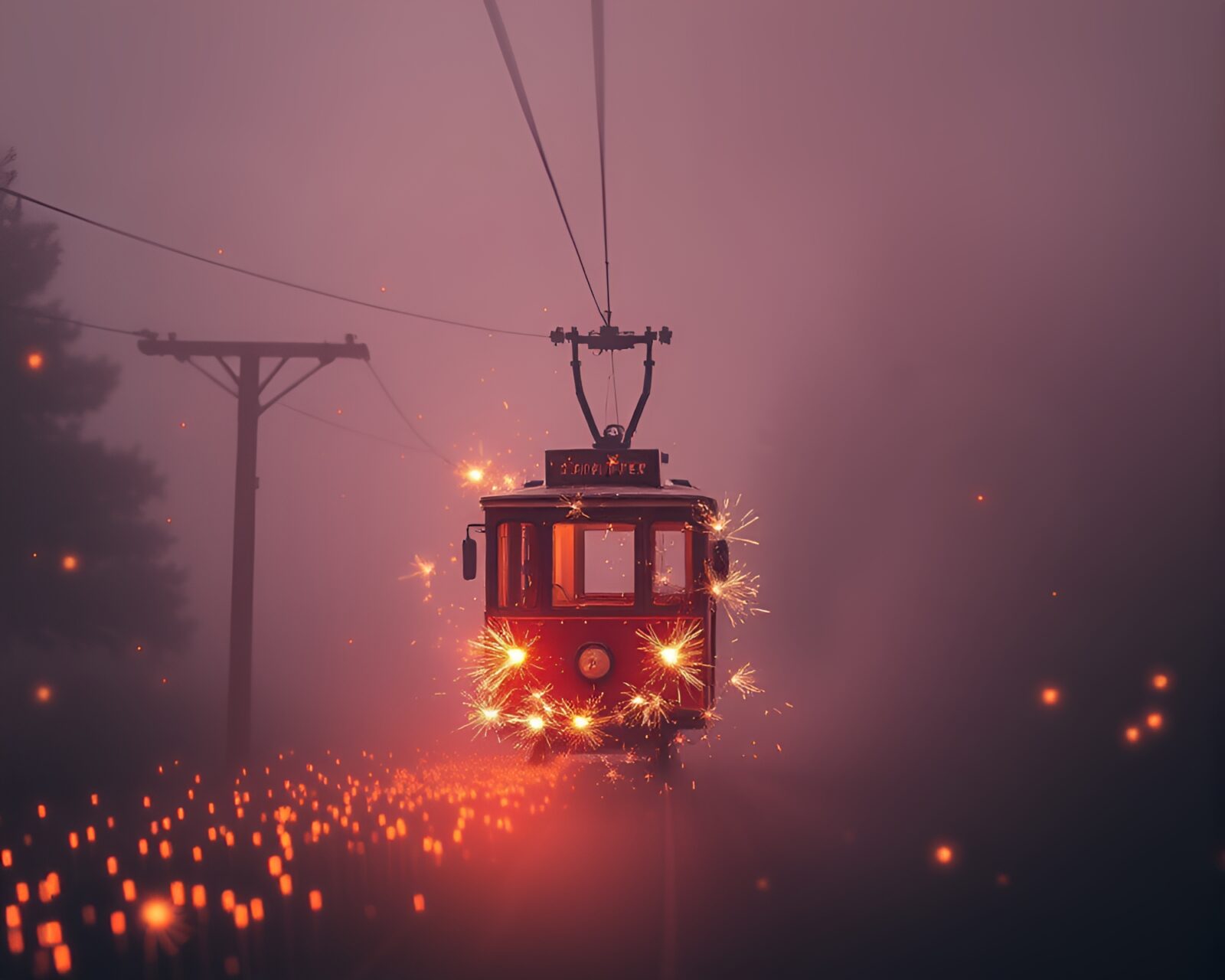 Voxel art of smoky haze and sparkler trails cable car