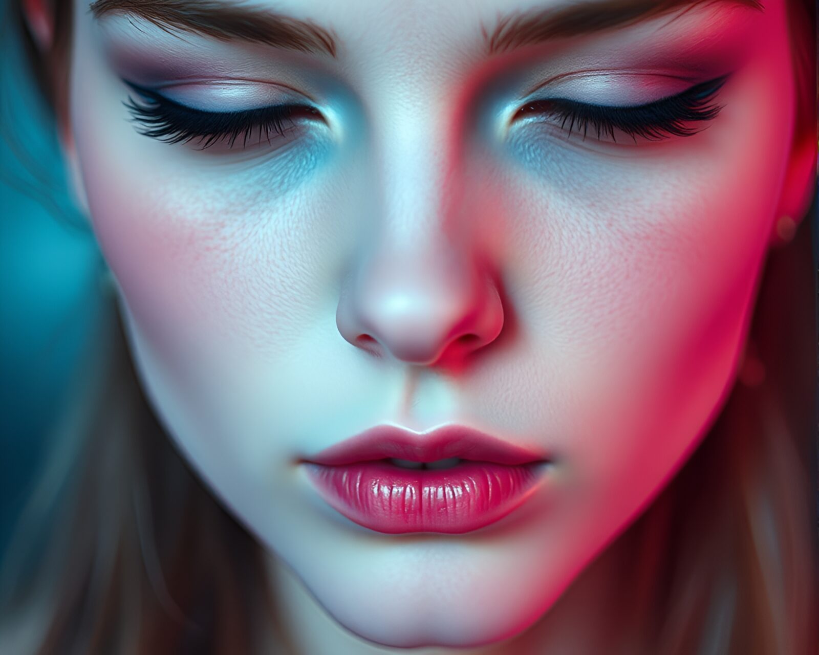 Extreme close-up of blushing vampire surrounded by delicate pink particles