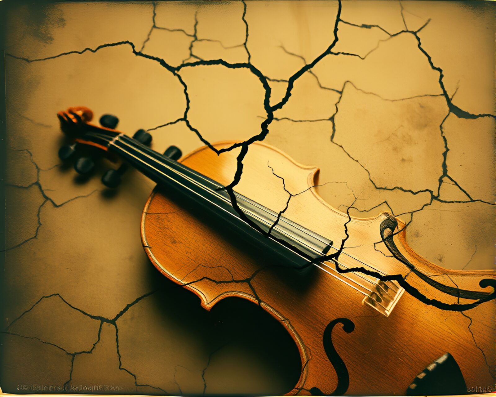 Vintage cello resting on cracked earth under soft light