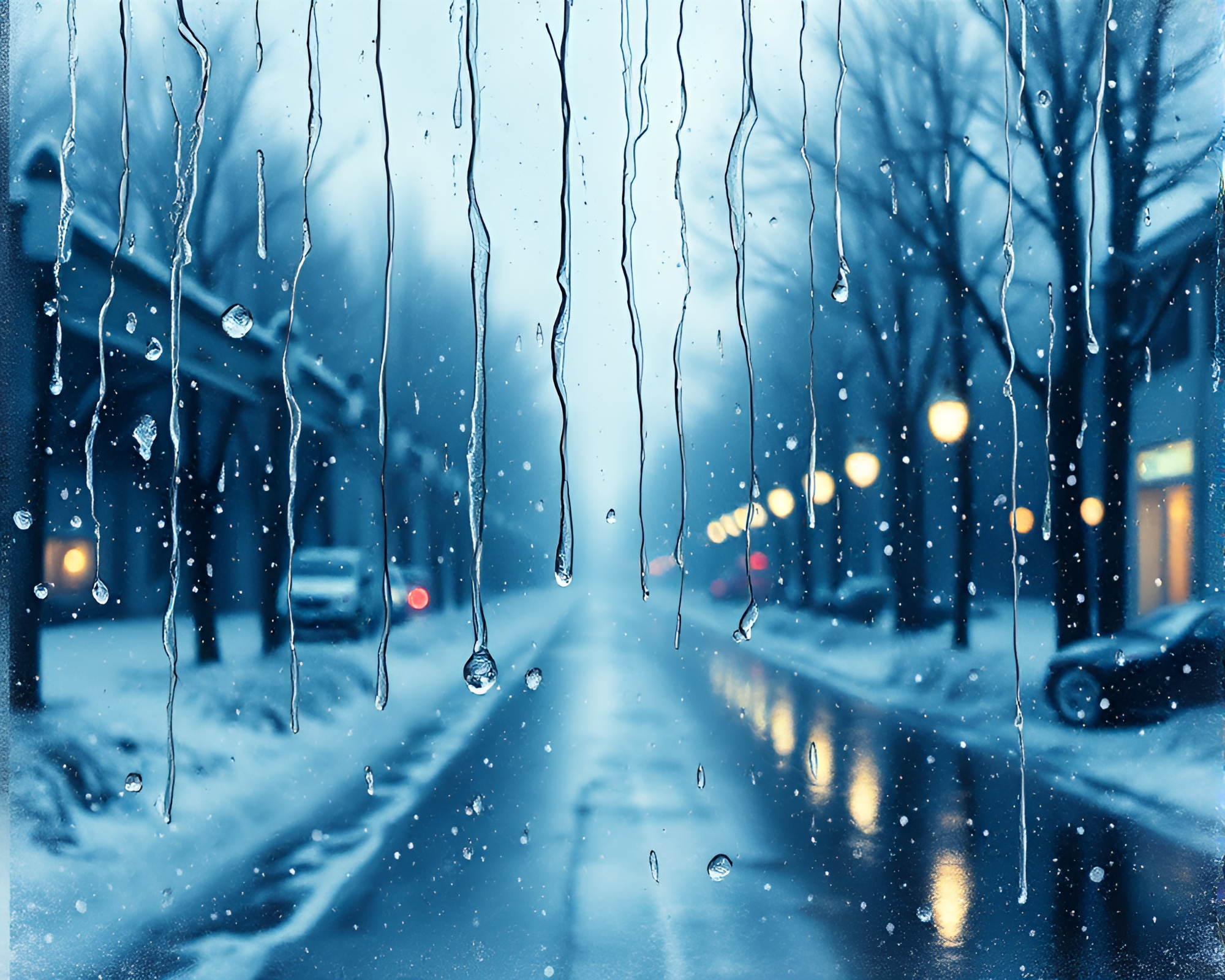 Winter Wonderland Ink Wash Drips Reflecting Rainy Particles – free AI stock image