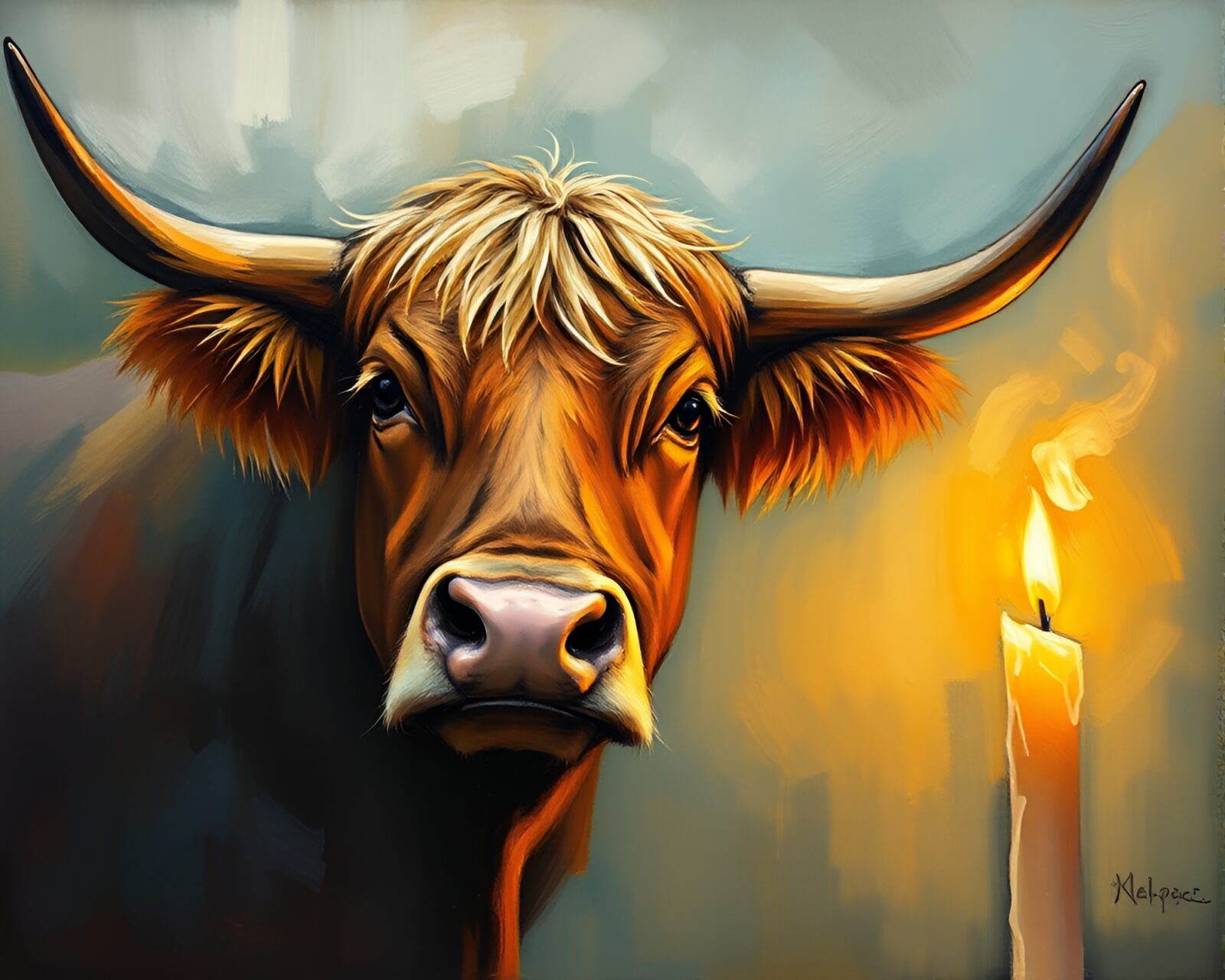 Majestic Highland cow enveloped in mystical candle smoke