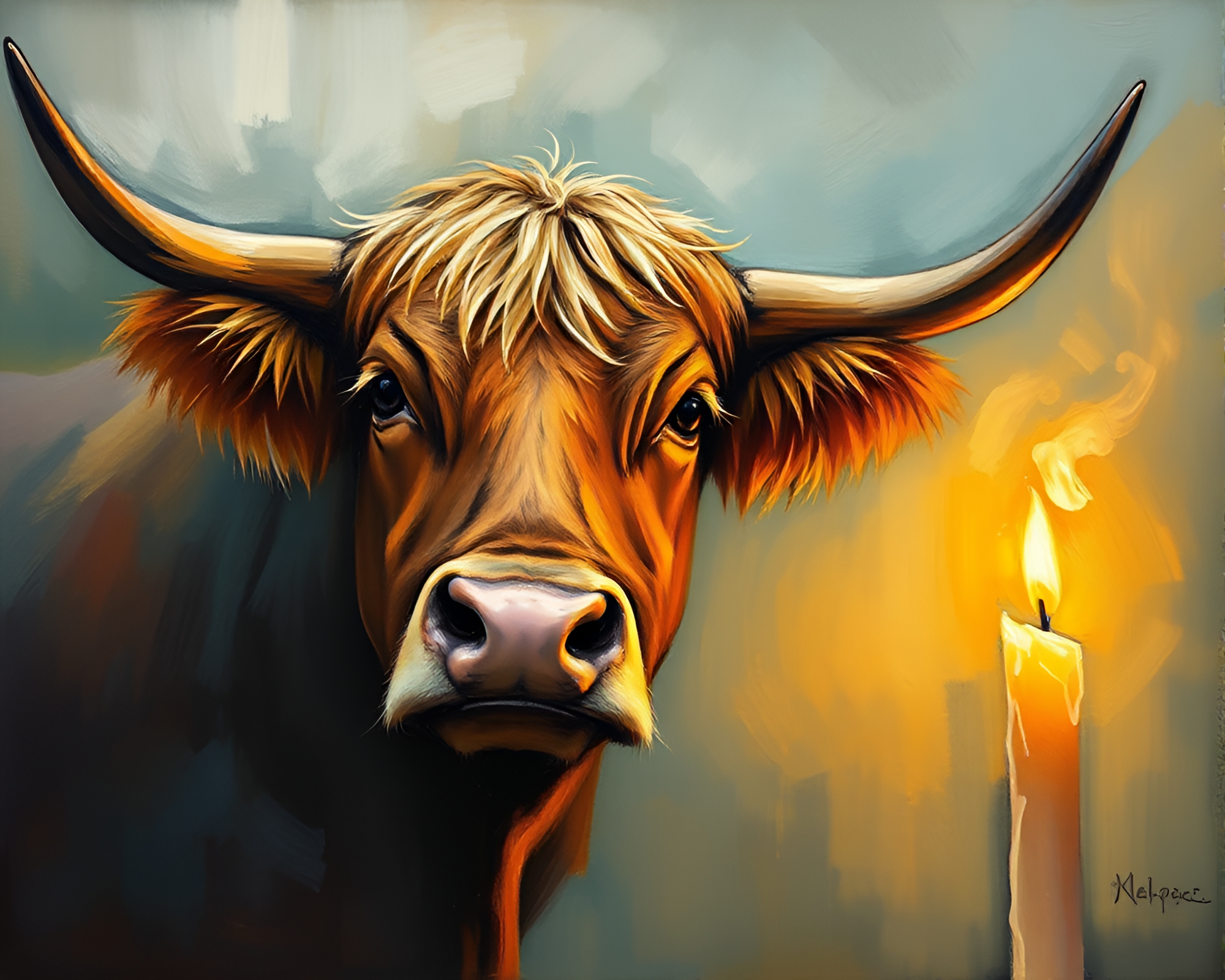 Highland Cow in Church Candlelight with Expressionist Twist – free AI stock image
