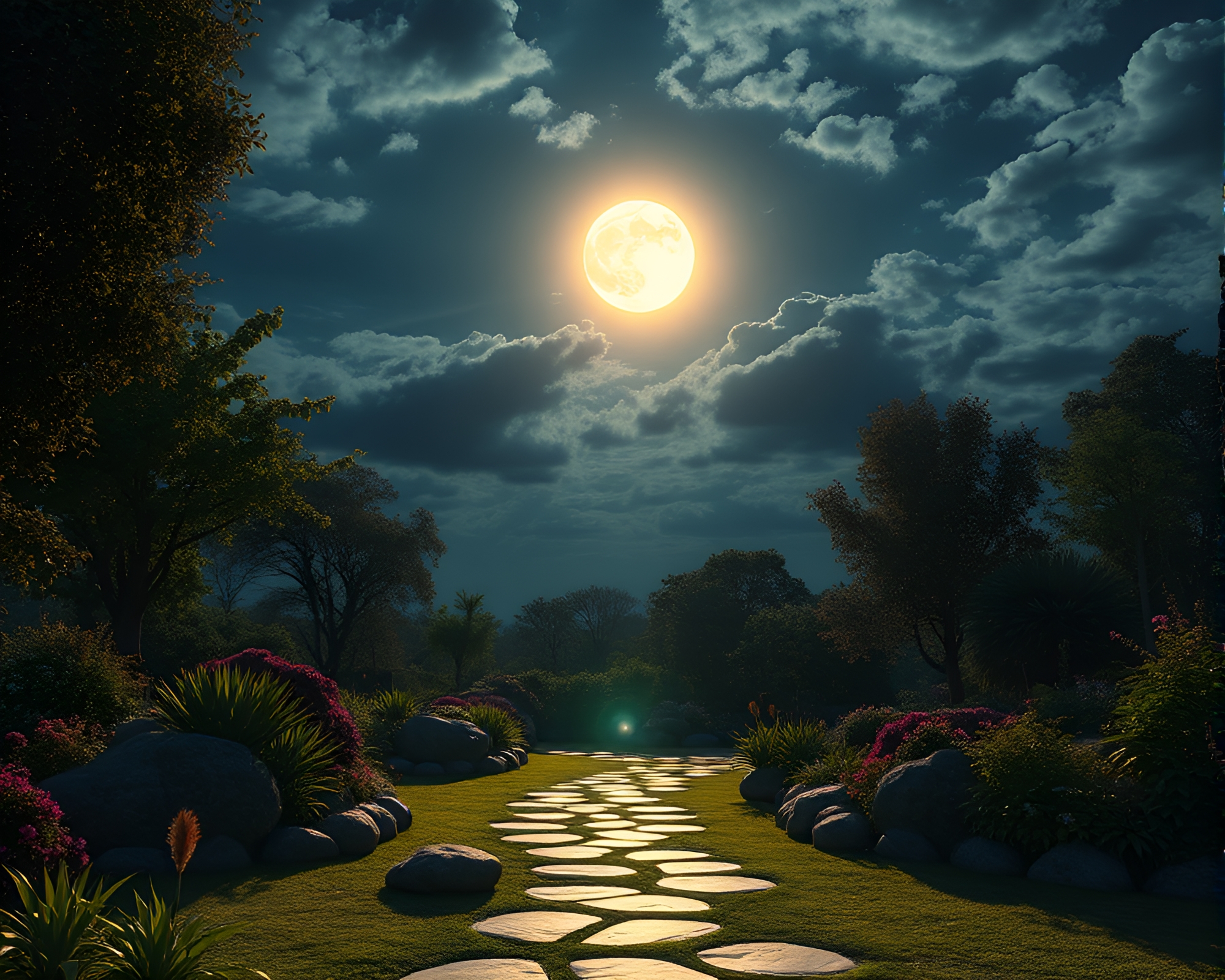 Moonlit Sky Garden with Sun Glares – free AI stock image