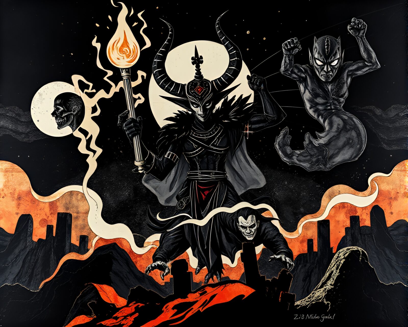 Ethereal Djinn in high-contrast noir action painting style