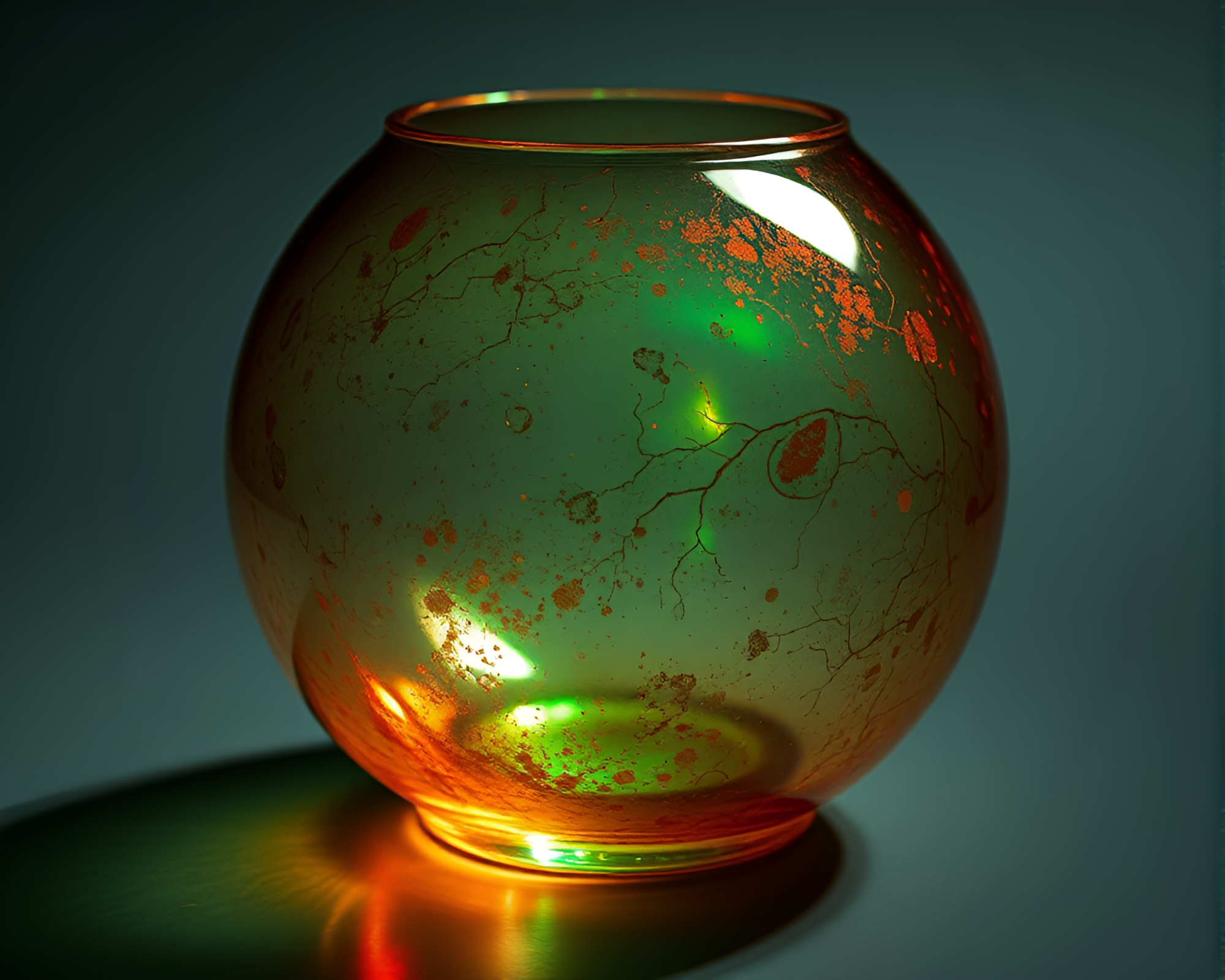 Copper Verdigris Glass Orb Illuminated Lithography Art – free AI stock image