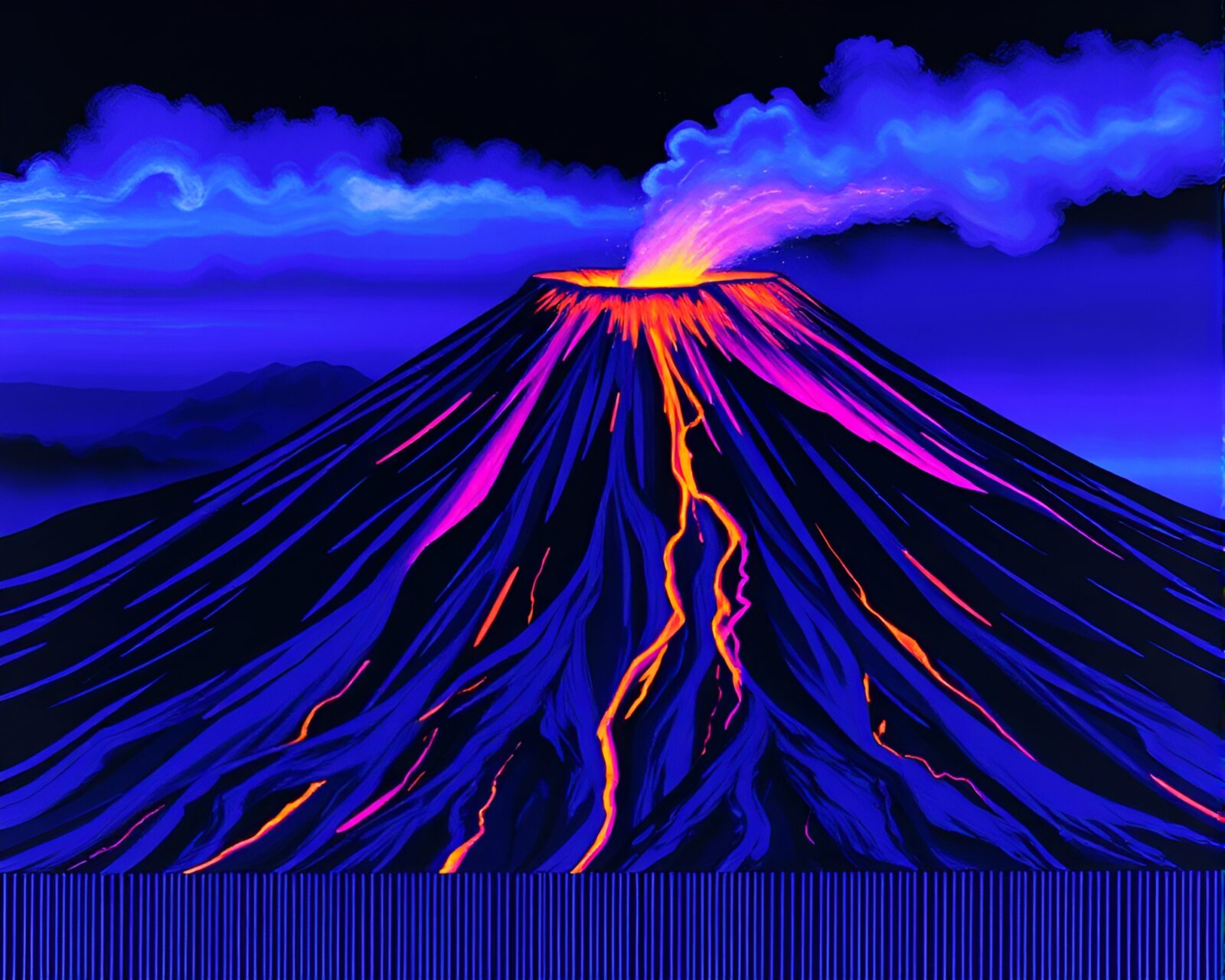 A mesmerizing underpainting of a volcano crater with neon barcode stripes