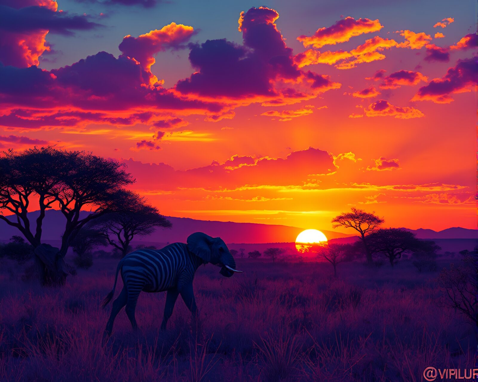 Engraved scene of savanna sunset in thermal imaging colors