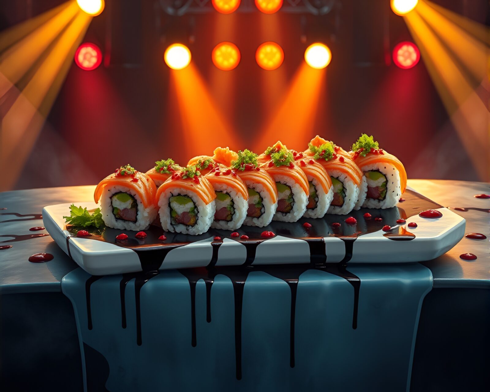 Vibrant sushi platter with dripped paint style lighting