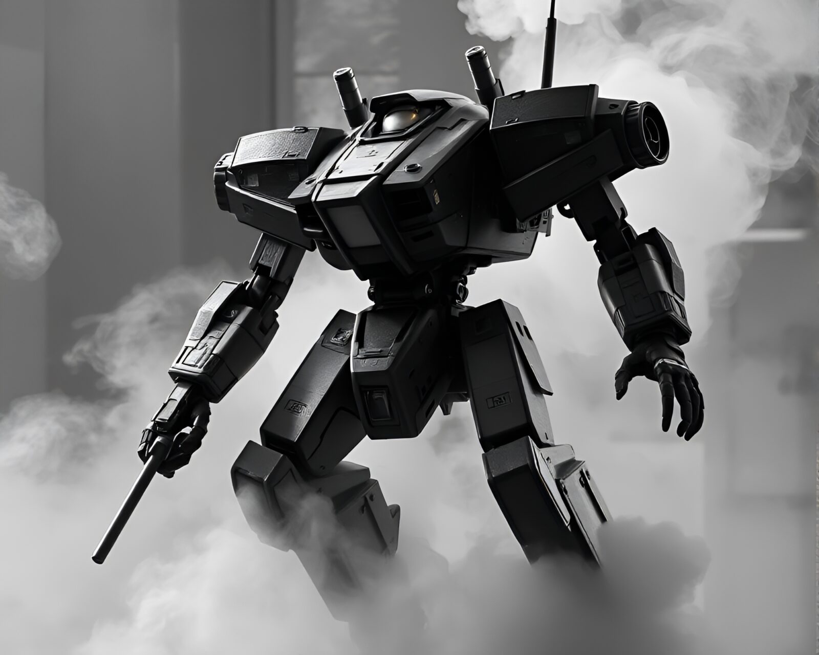 Black and white battle mech engulfed in steam vapor.