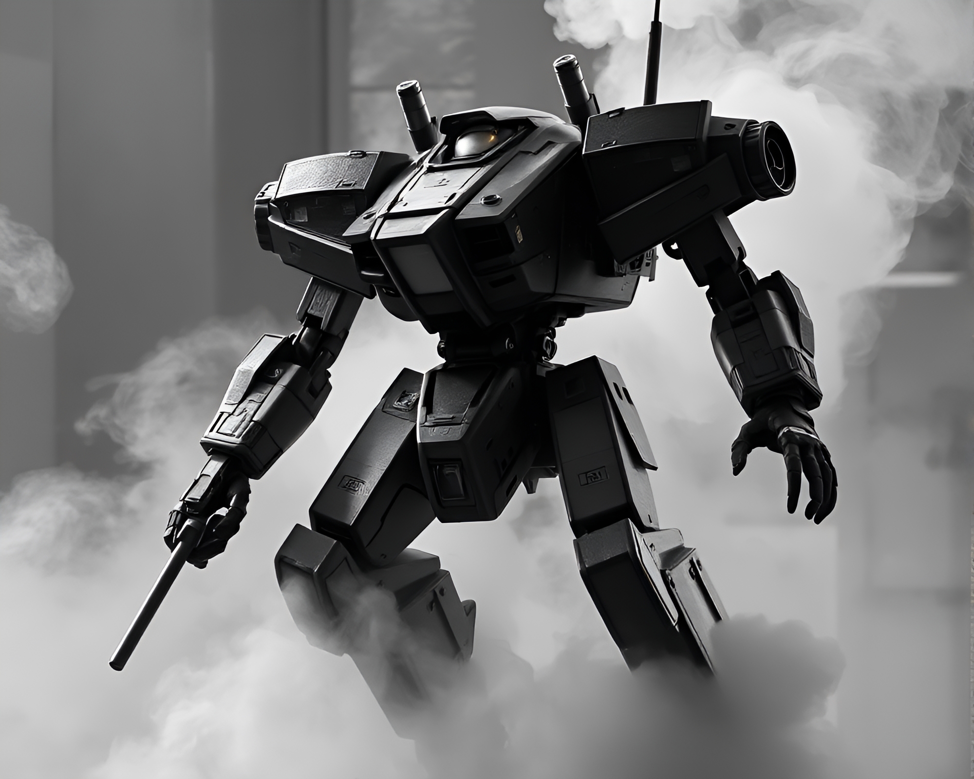 Mech Battle in Monochrome Steam – free AI stock image
