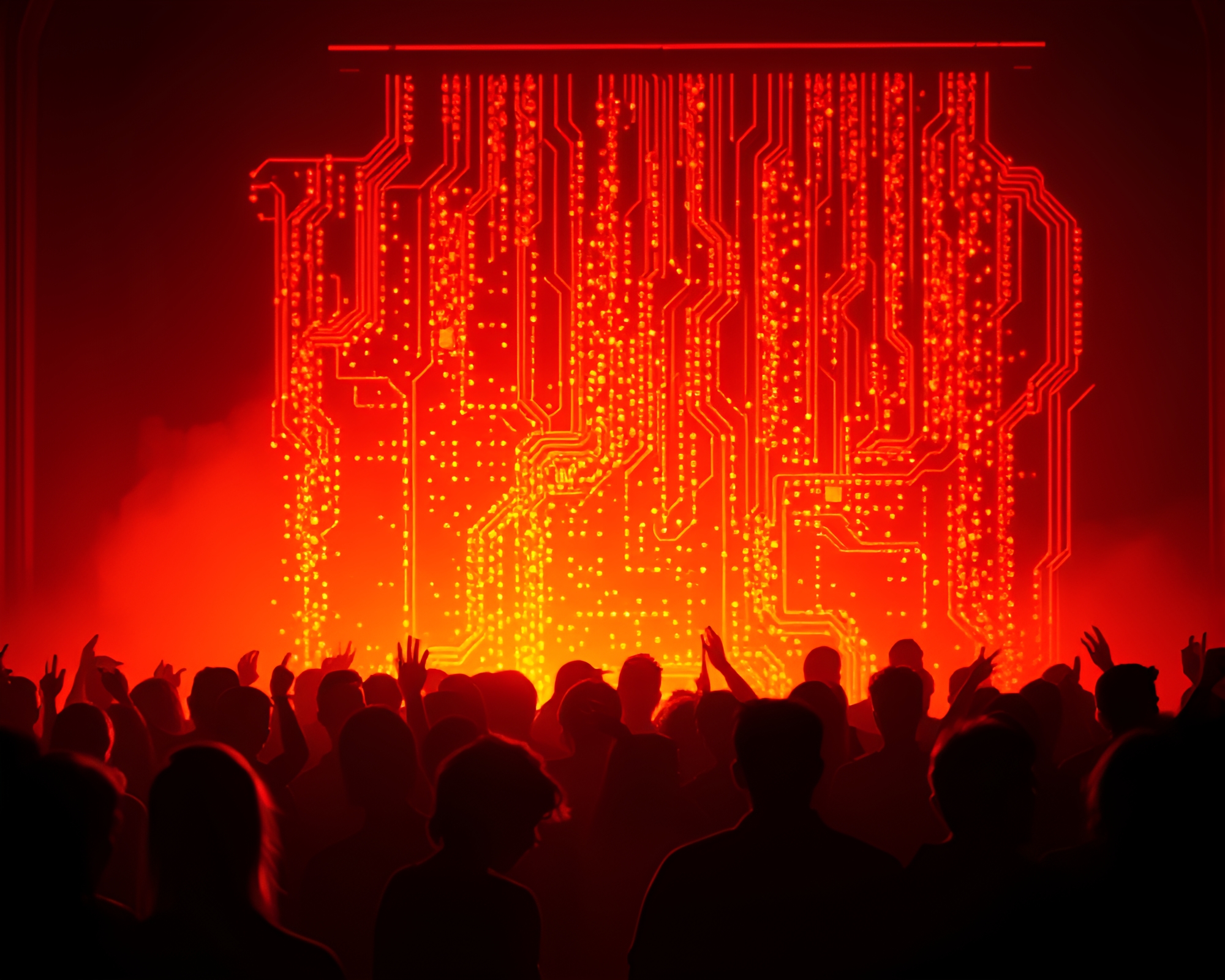 Ethereal Circuit Board Crowd Silhouette by Fireplace Light – free AI stock image