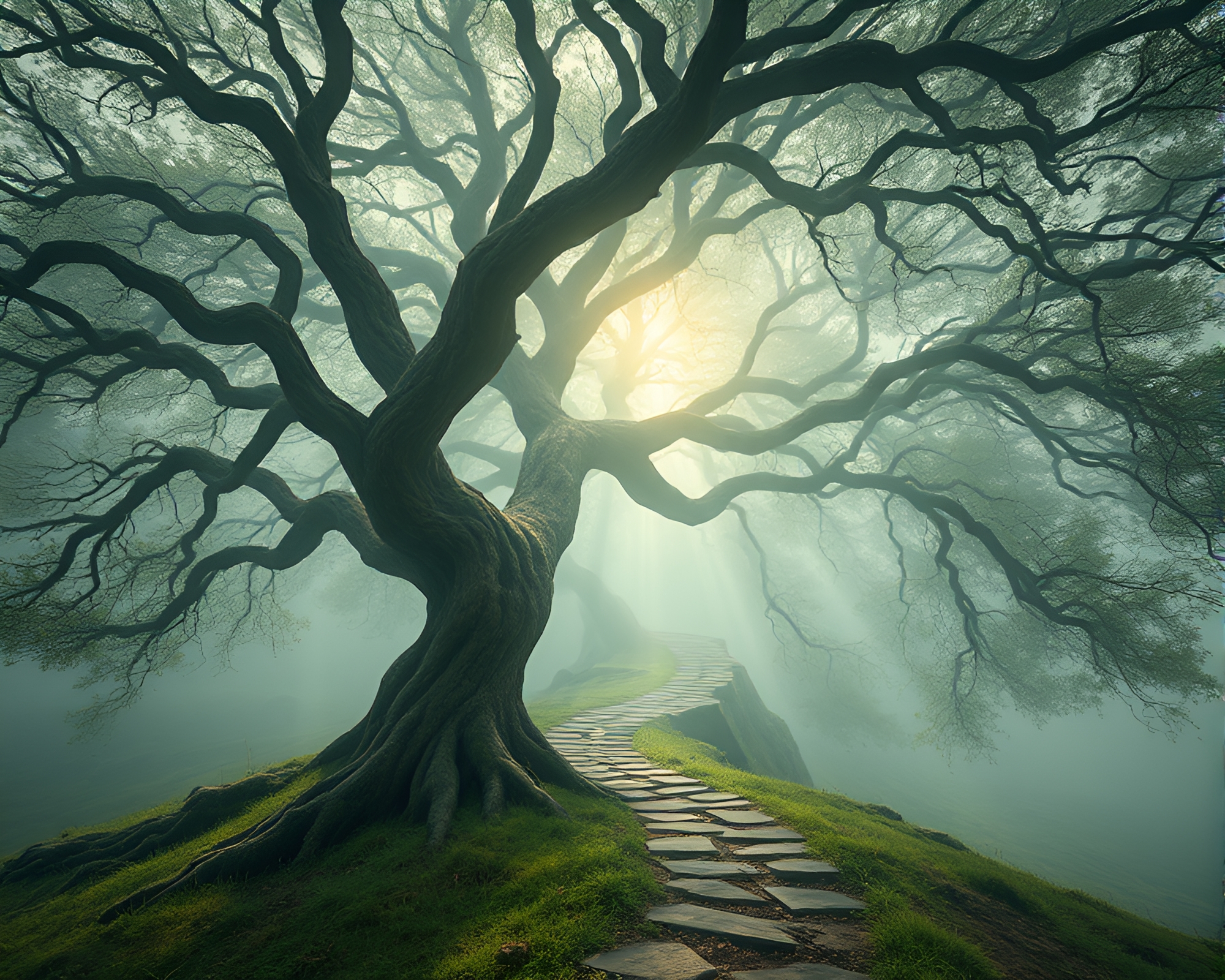 Enchanted Ancient Tree in Dreamy Vortex – free AI stock image