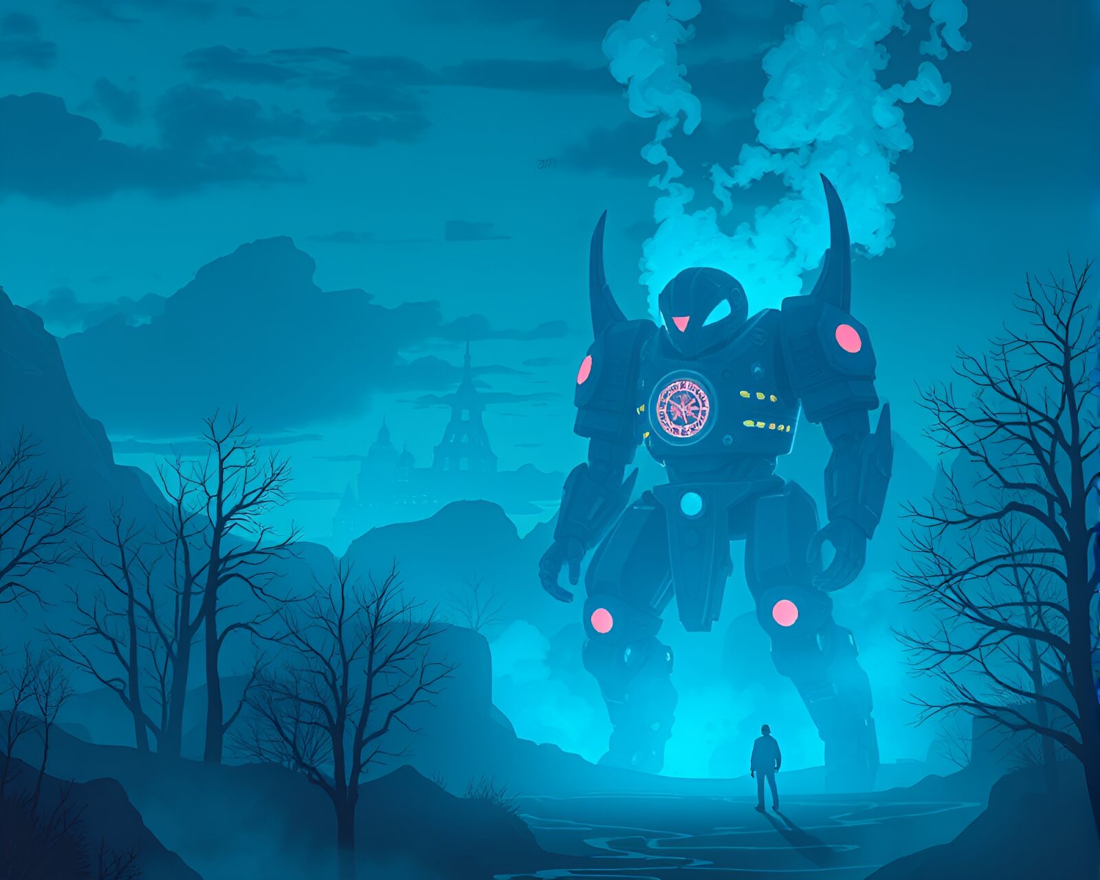 illustration of a steam-powered golem glowing in twilight