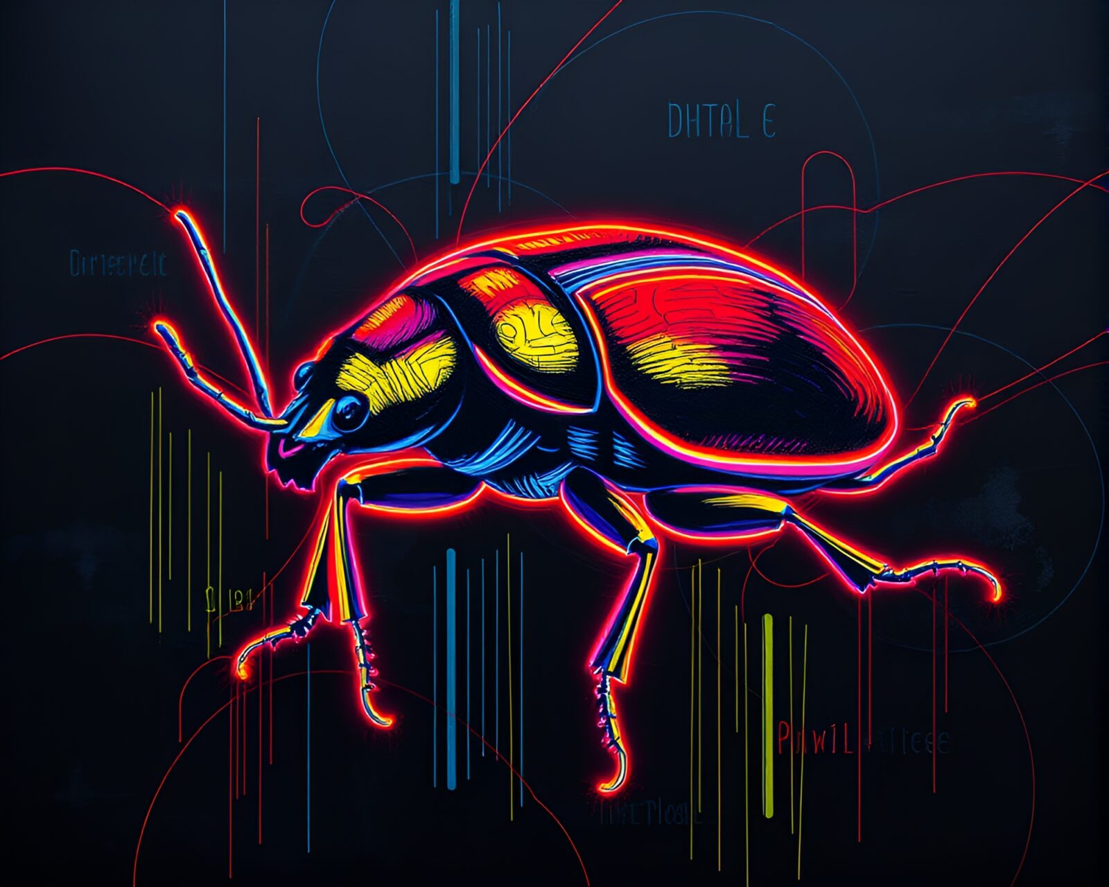 Colorful beetle artwork with glowing neon details on walls